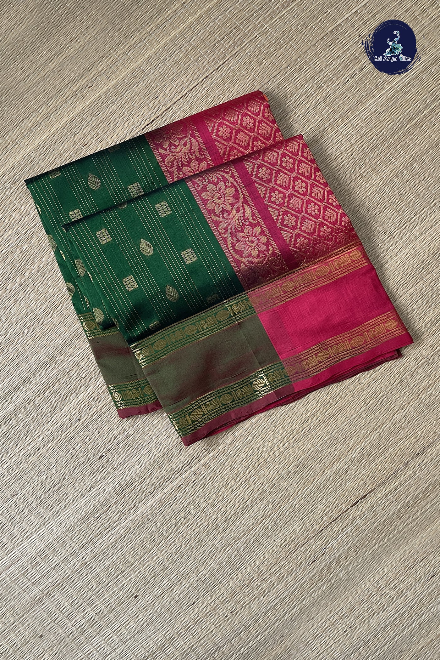 Dark Green Simple Silk Cotton Saree With Stripes Pattern