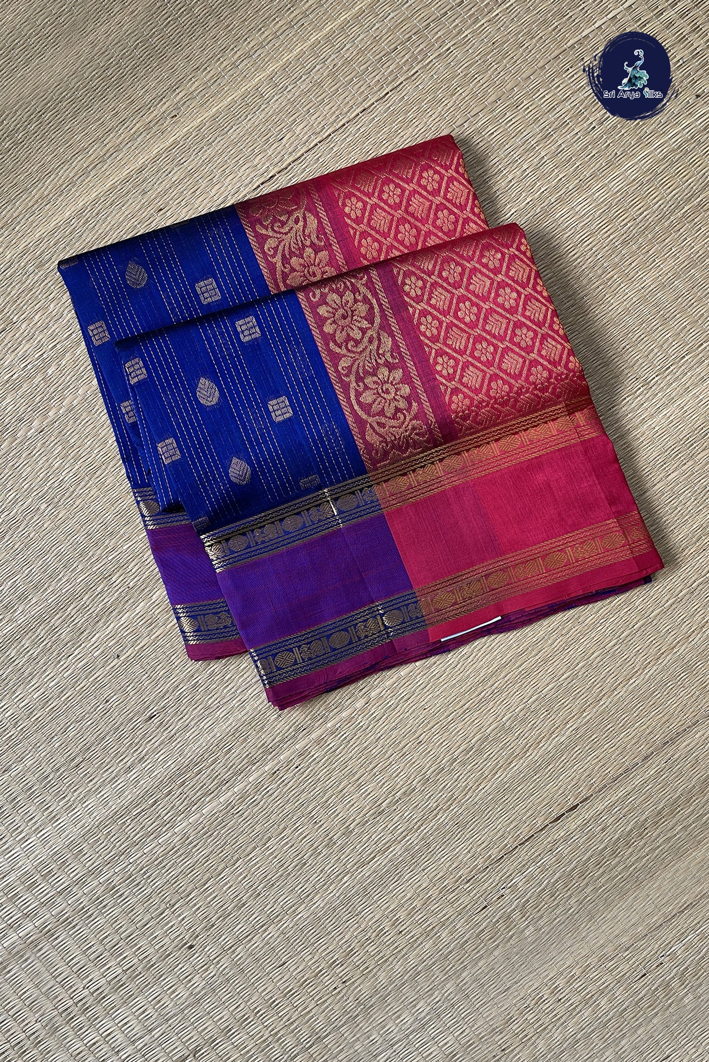 Ink Blue Simple Silk Cotton Saree With Stripes Pattern