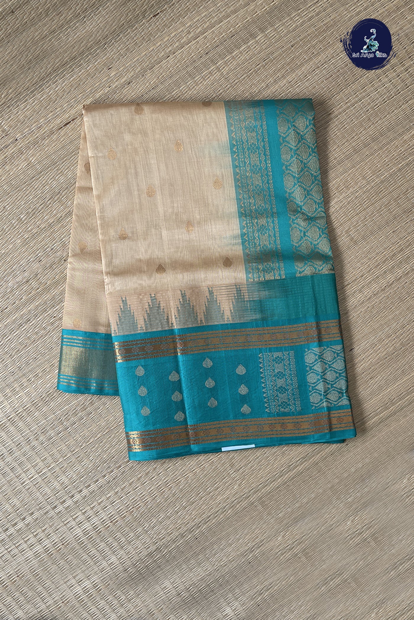 Beige Korvai Silk Cotton Saree With Zari Buttas Pattern