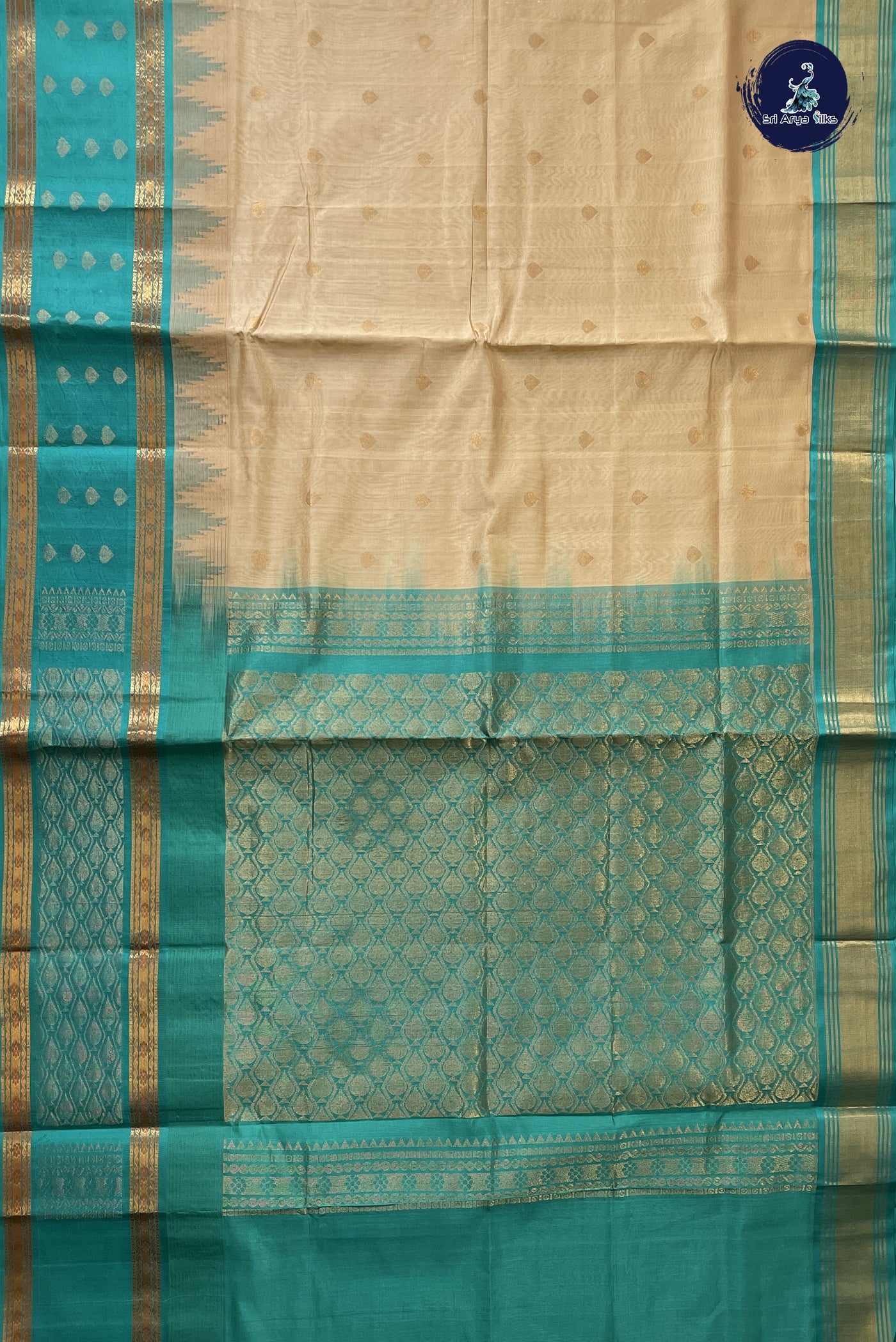 Beige Korvai Silk Cotton Saree With Zari Buttas Pattern