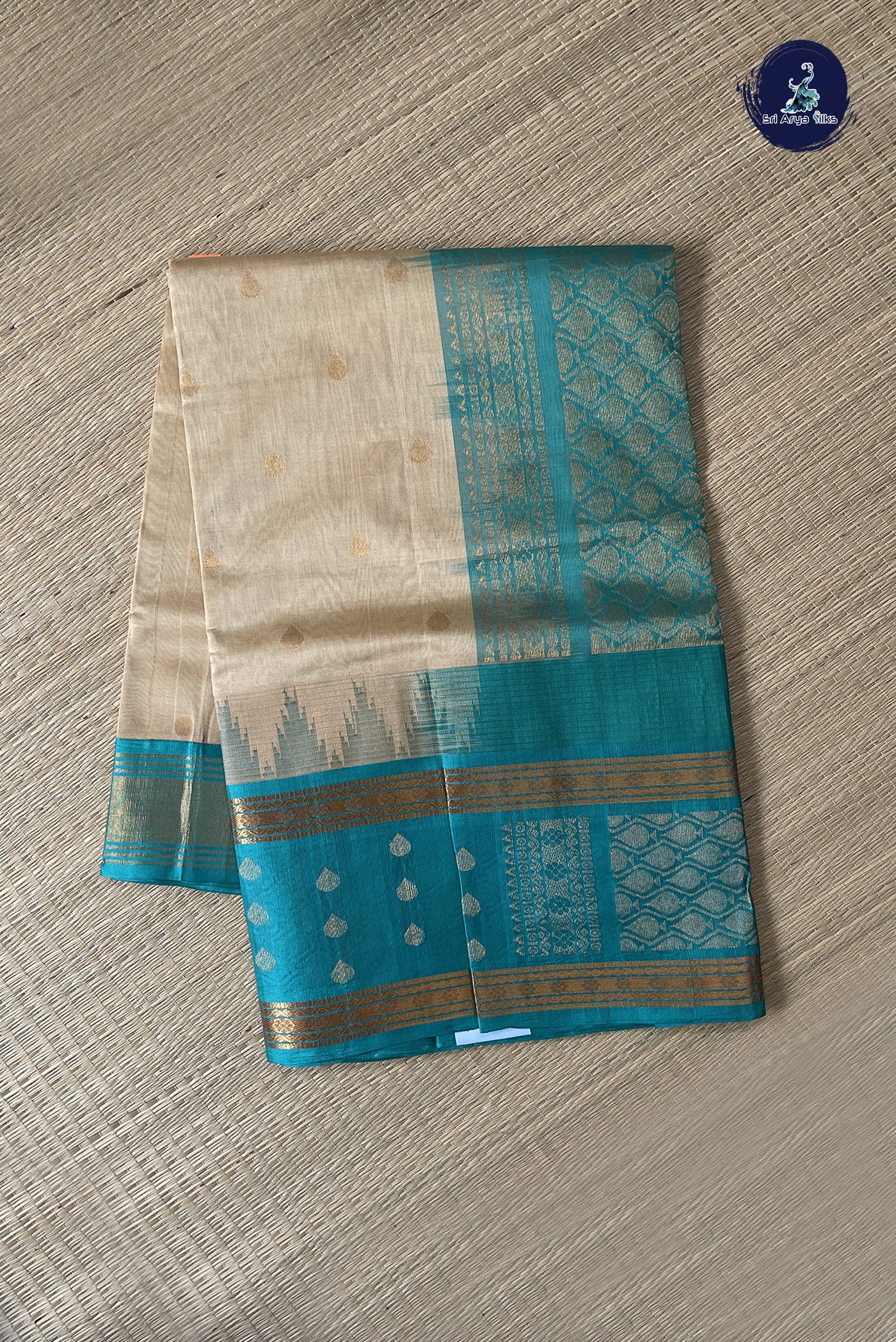 Beige Korvai Silk Cotton Saree With Zari Buttas Pattern