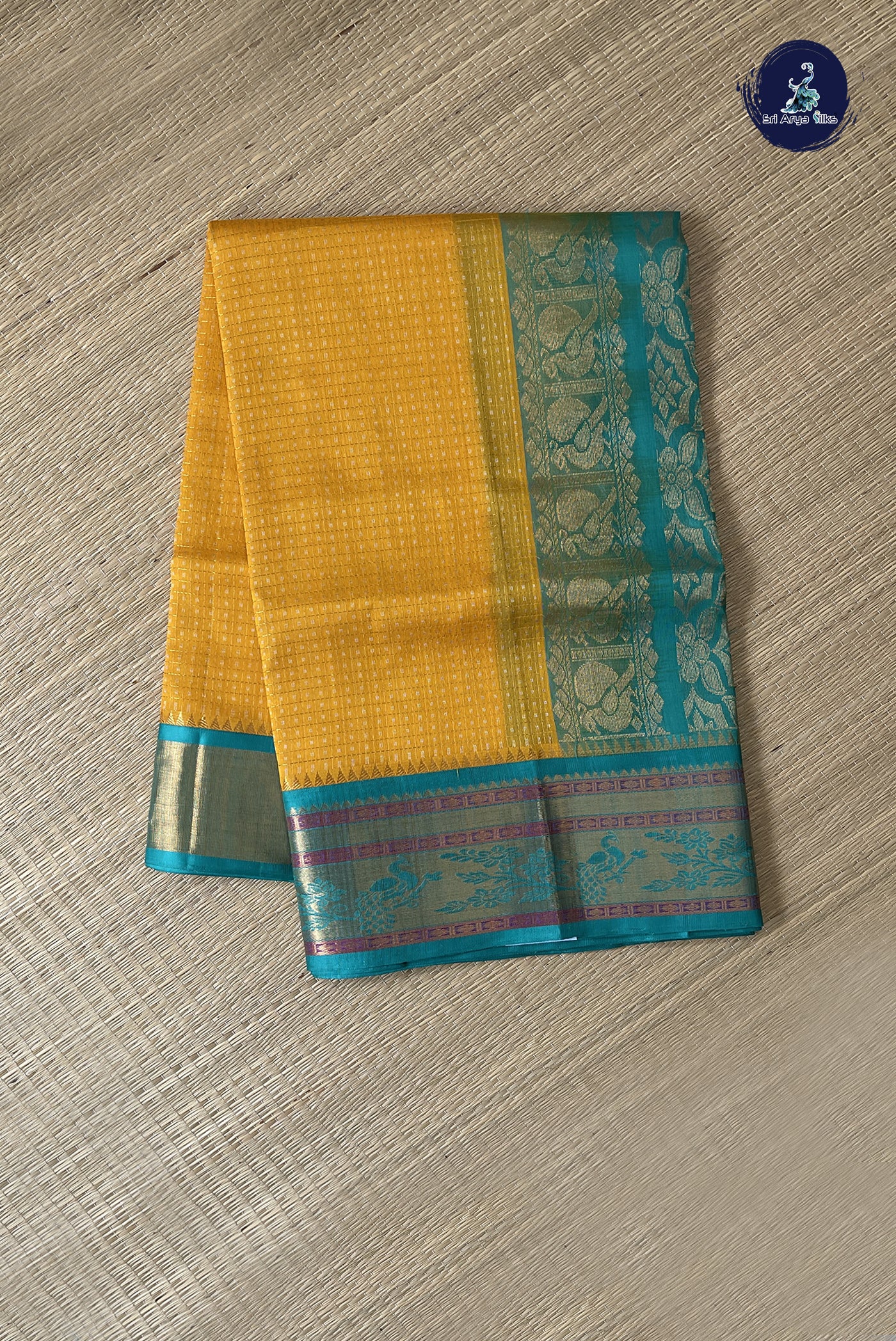 Mango Yellow Korvai Silk Cotton Saree With Zari Checked Pattern