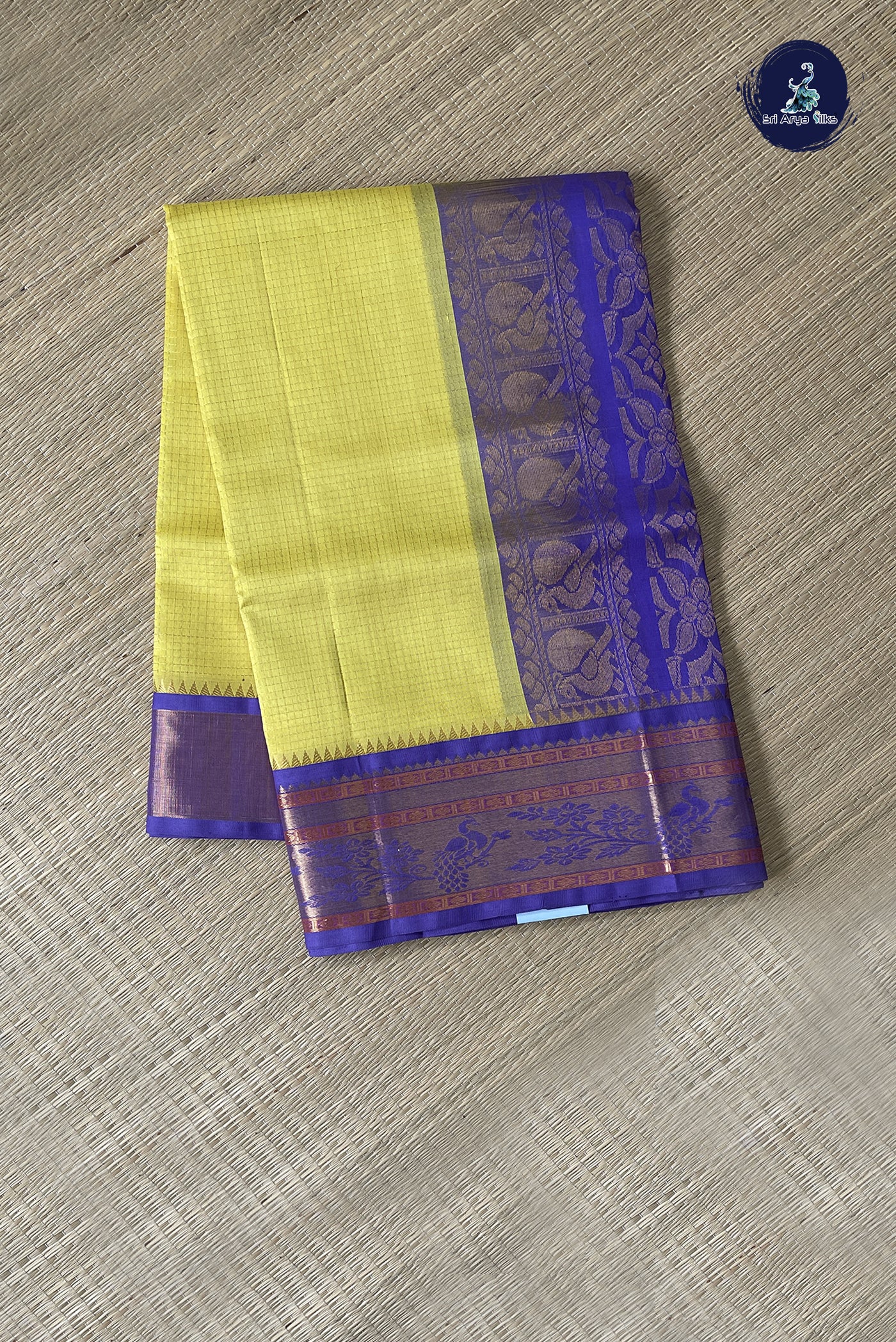 Lemon Yellow Korvai Silk Cotton Saree With Zari Checked Pattern