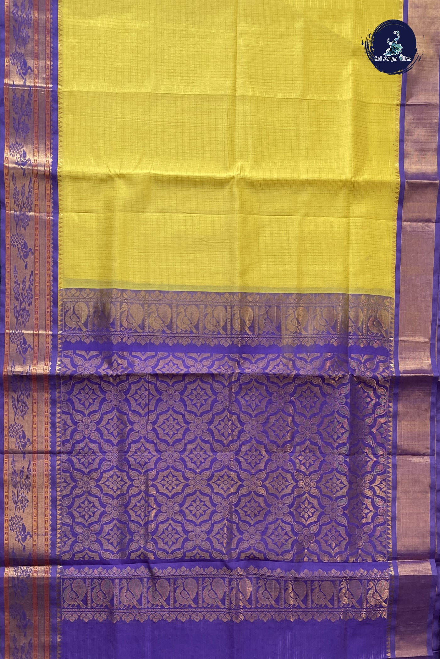 Lemon Yellow Korvai Silk Cotton Saree With Zari Checked Pattern