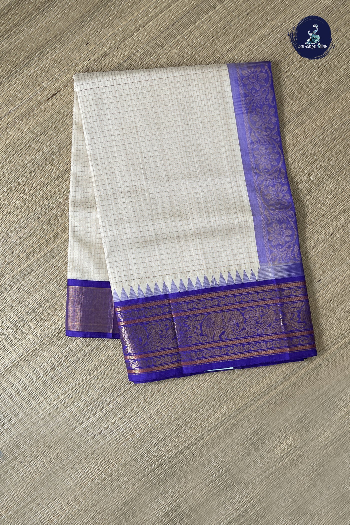 Beige Korvai Silk Cotton Saree With Zari Checked Pattern