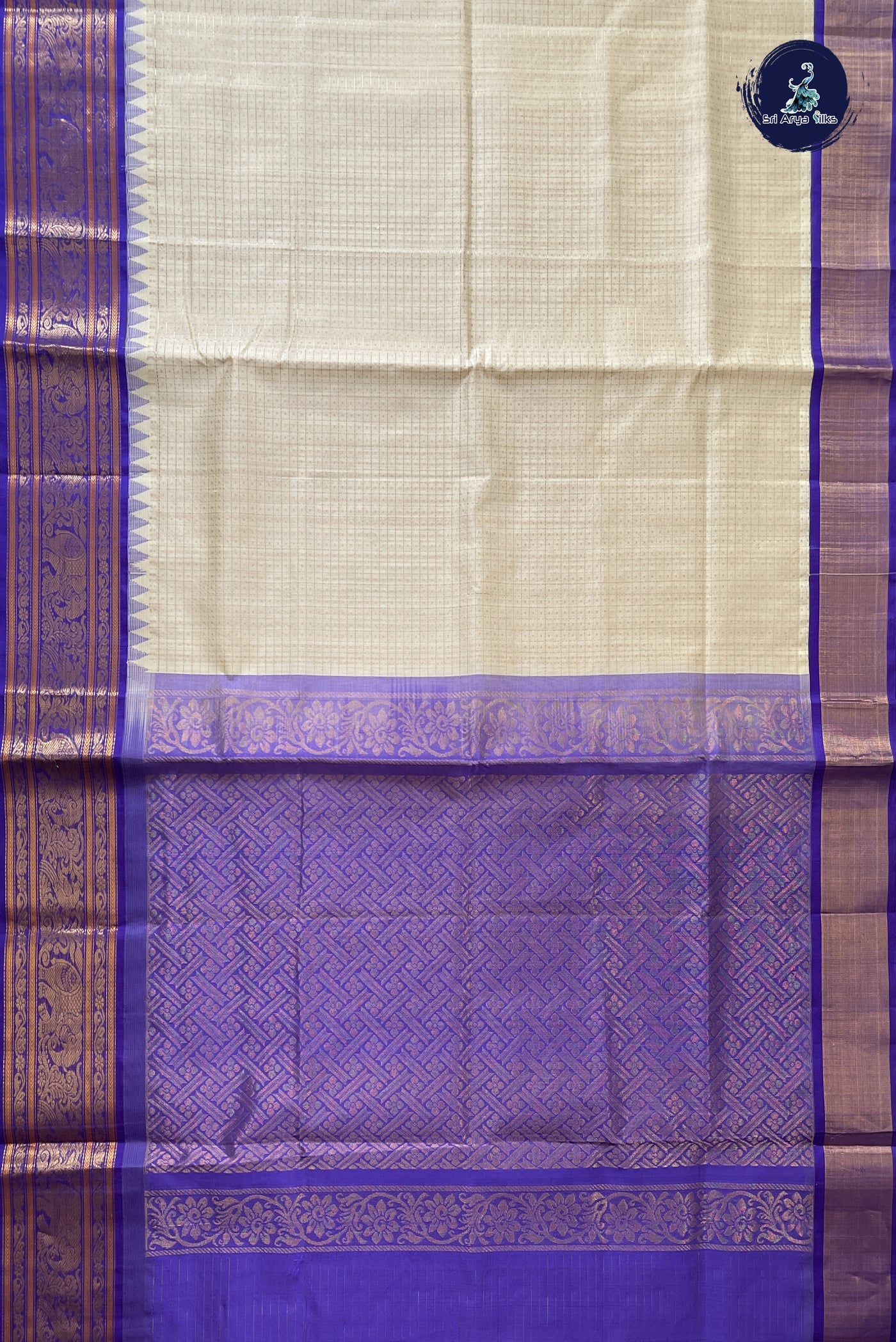 Beige Korvai Silk Cotton Saree With Zari Checked Pattern