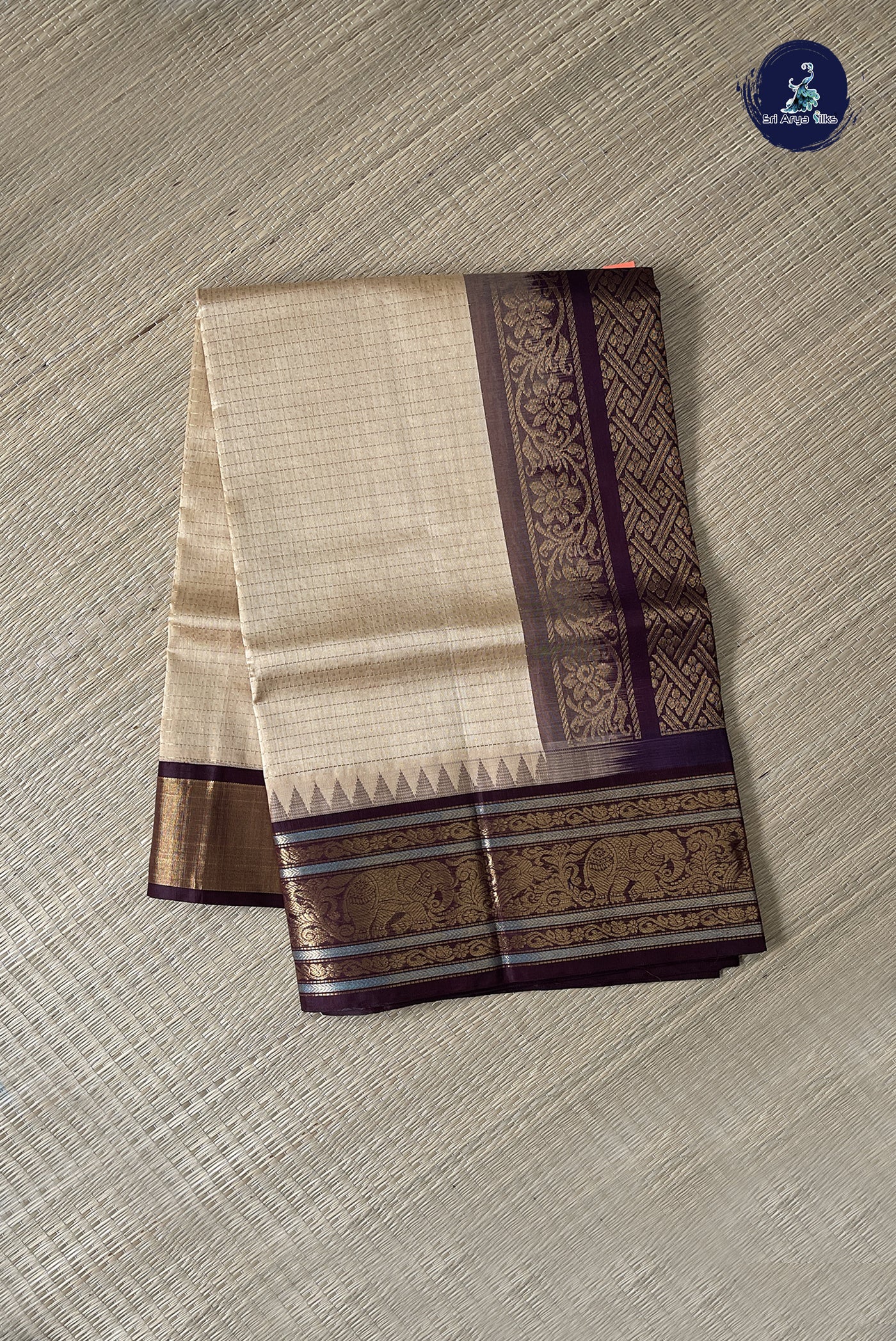 Biscuit Shade Korvai Silk Cotton Saree With Zari Checked Pattern