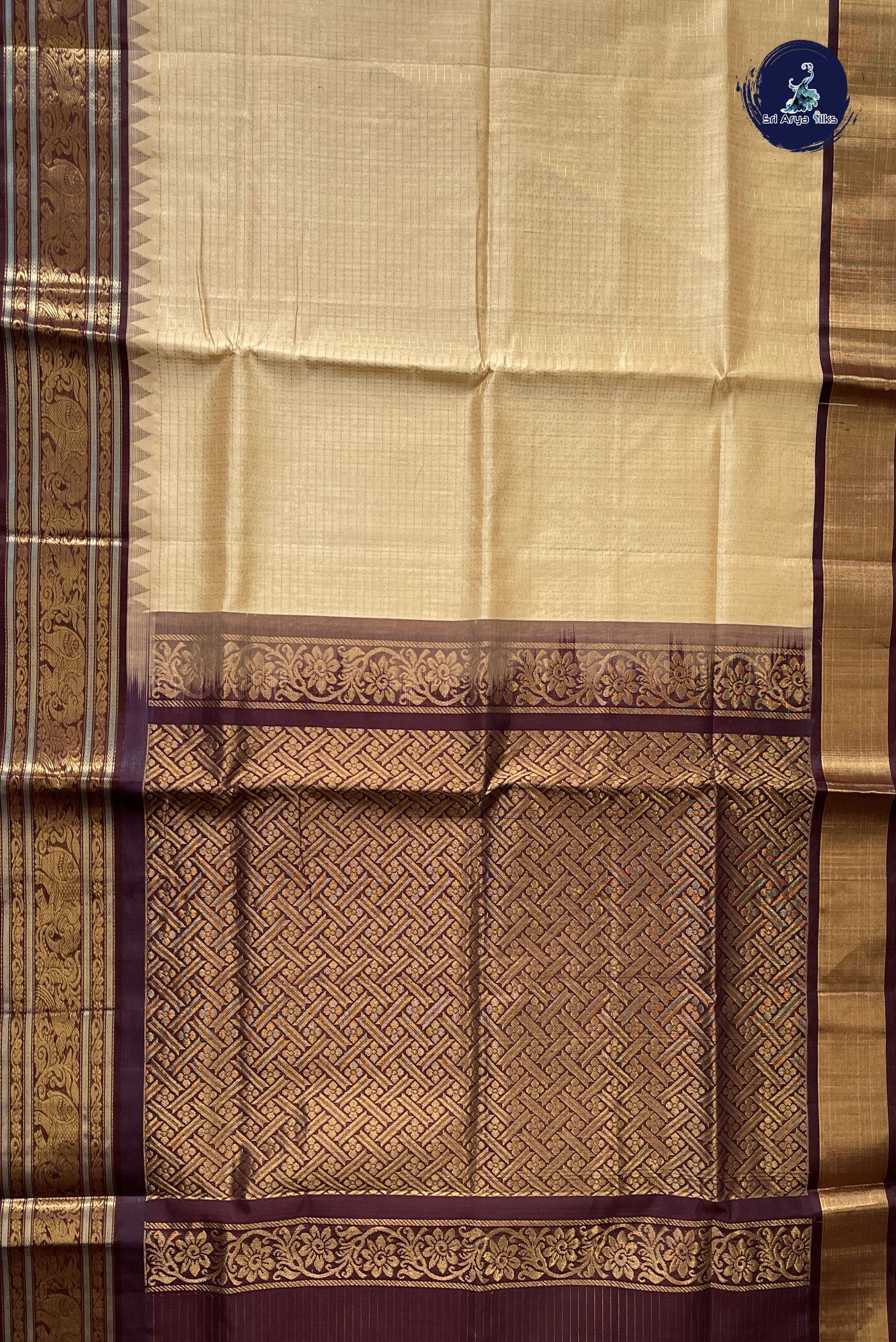 Biscuit Shade Korvai Silk Cotton Saree With Zari Checked Pattern