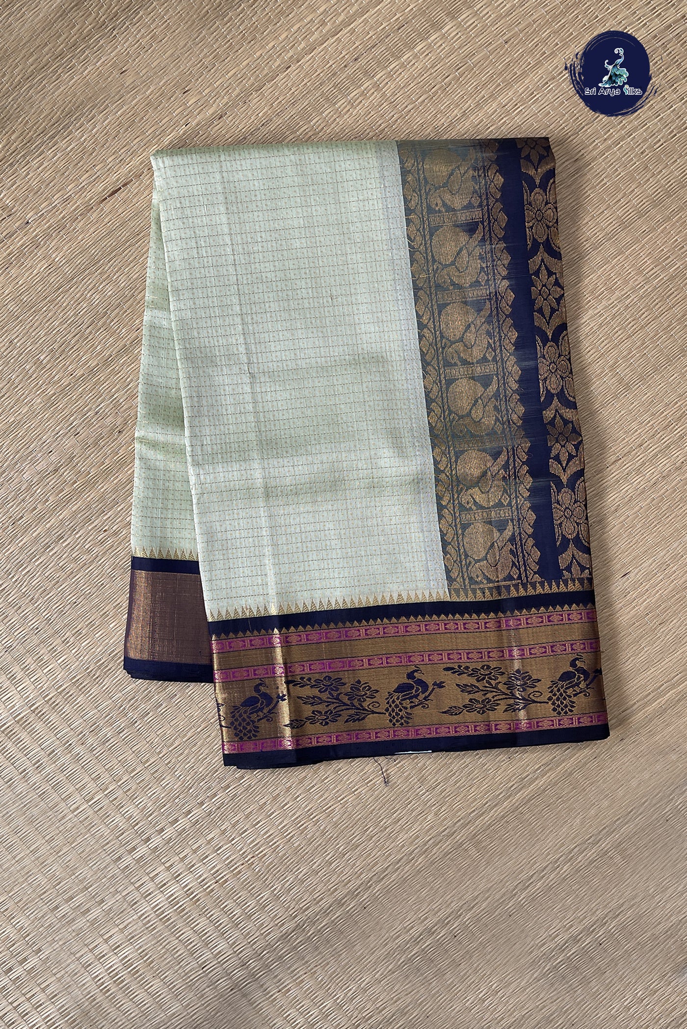 Pastel Green Korvai Silk Cotton Saree With Zari Checked Pattern