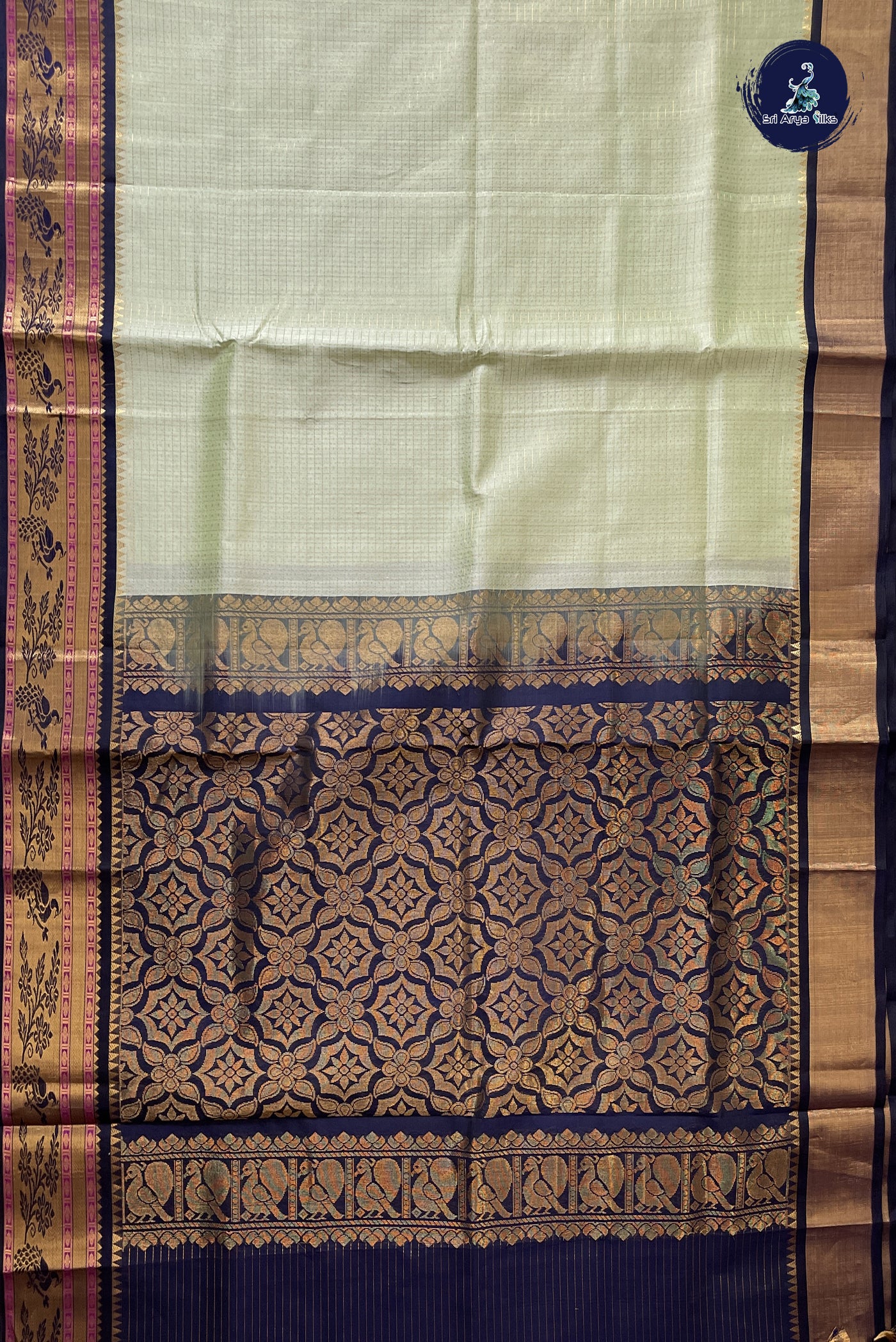 Pastel Green Korvai Silk Cotton Saree With Zari Checked Pattern