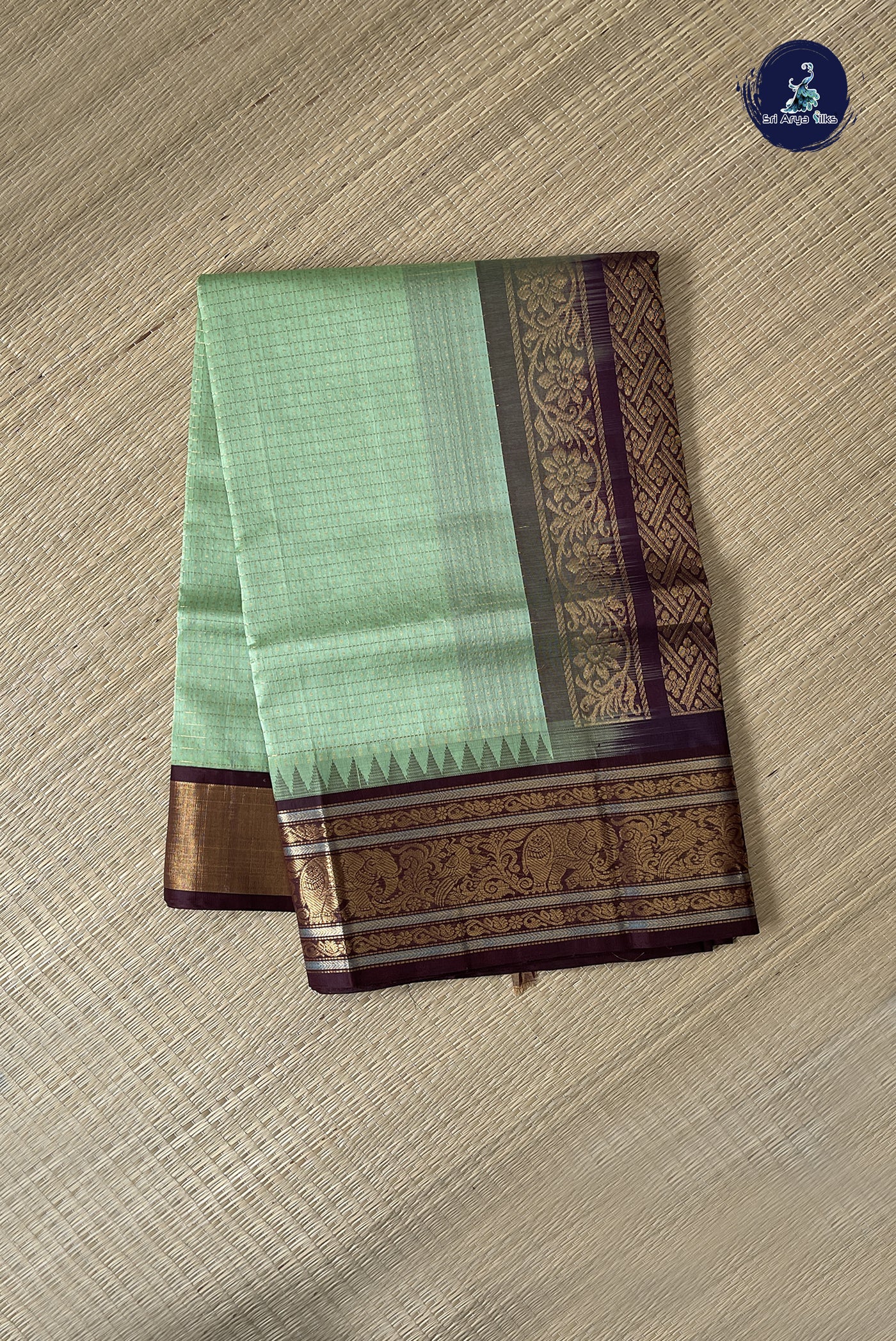 Pista Green Korvai Silk Cotton Saree With Zari Checked Pattern