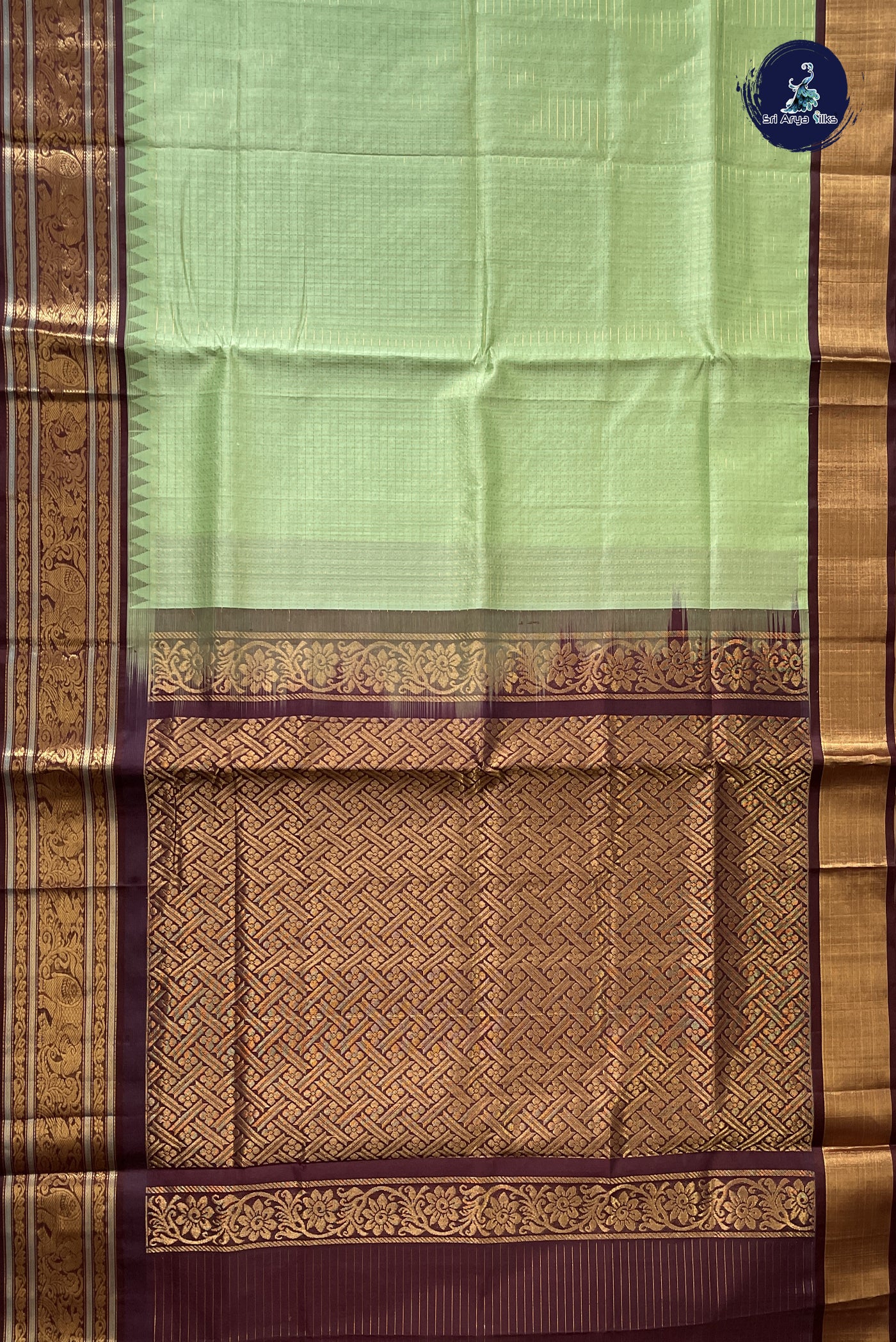 Pista Green Korvai Silk Cotton Saree With Zari Checked Pattern