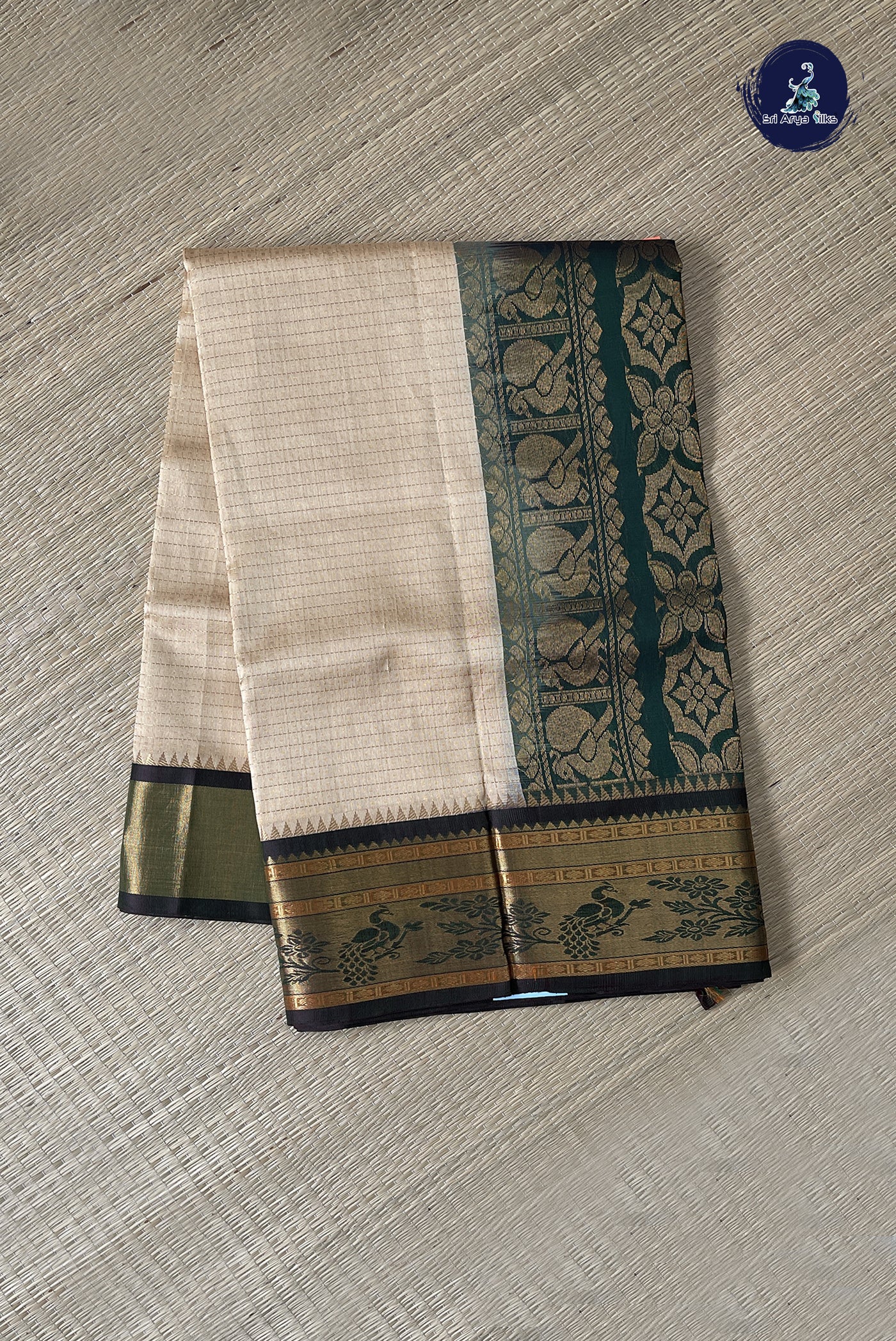 Biscuit Shade Korvai Silk Cotton Saree With Zari Checked Pattern