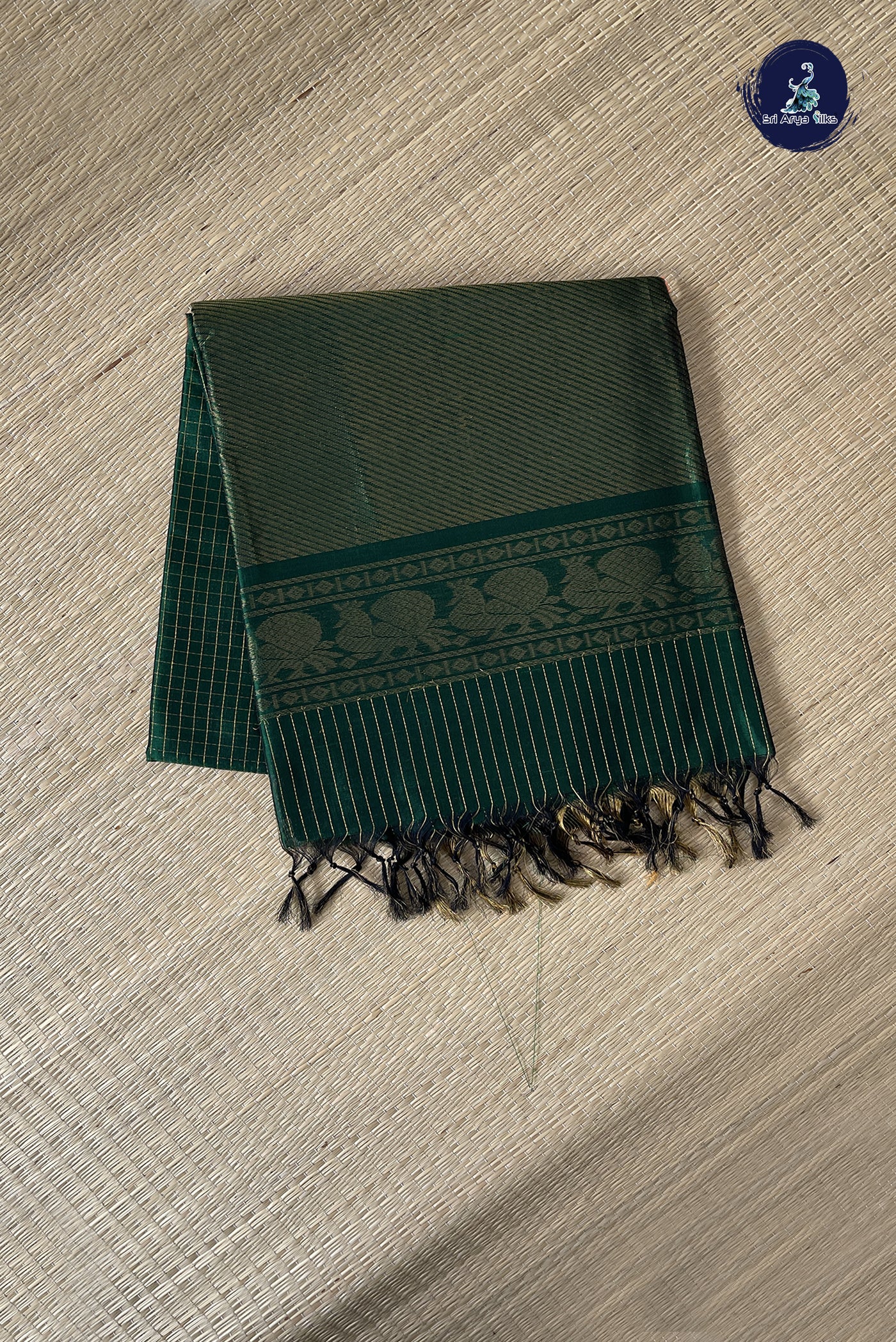 Dark Green Silk Cotton Saree With Zari Checked Pattern