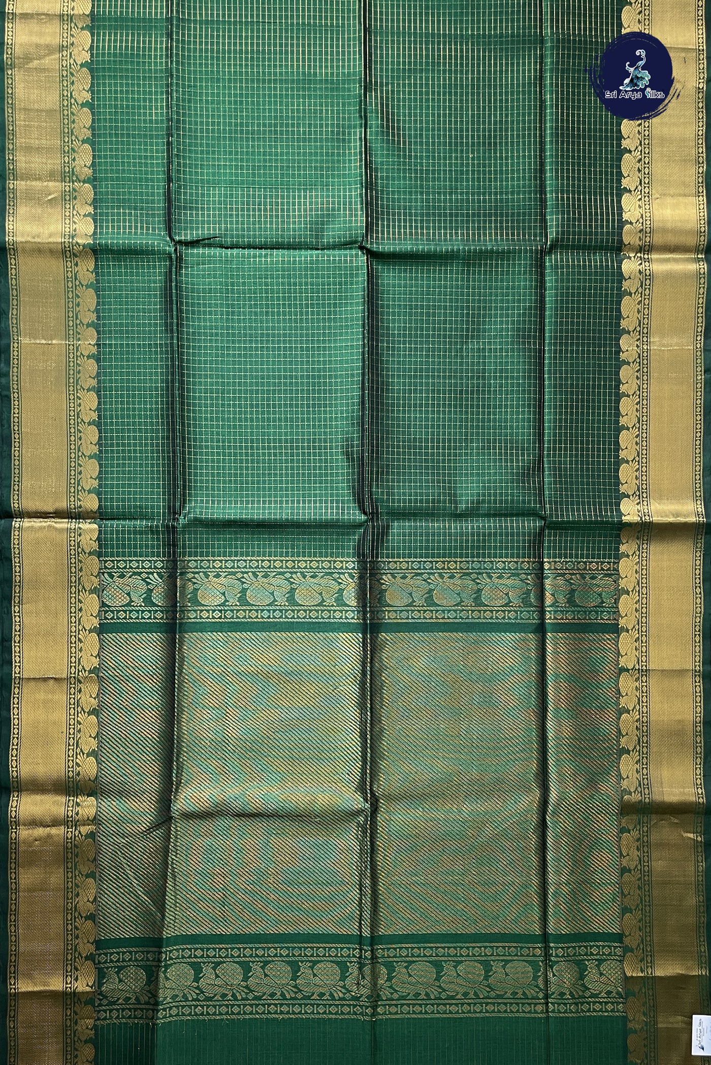 Dark Green Silk Cotton Saree With Zari Checked Pattern