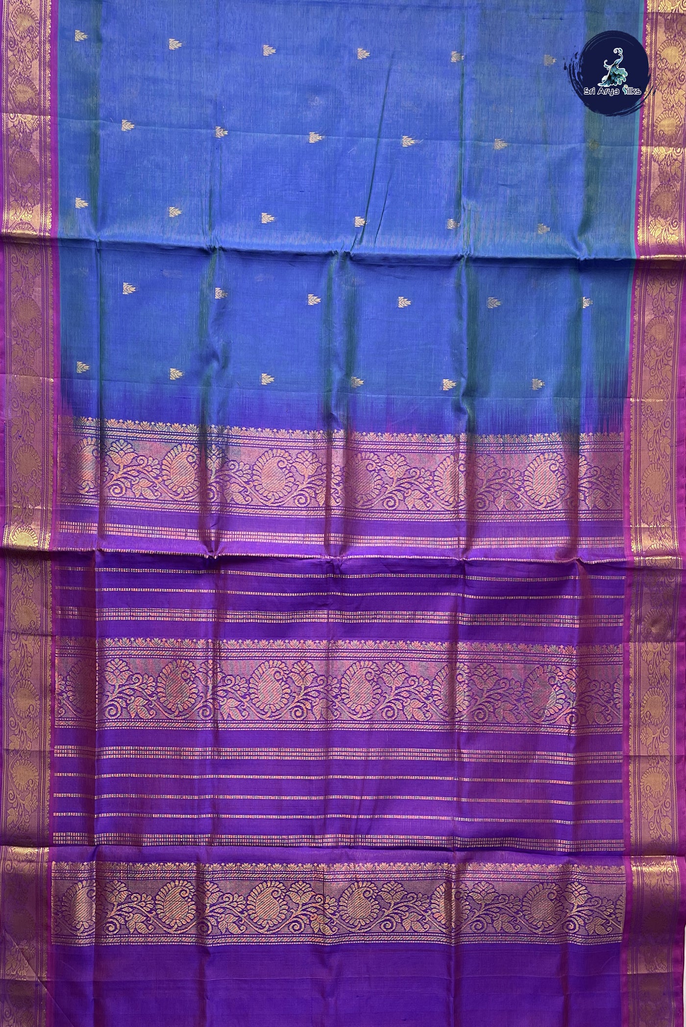 Greyish Blue Vaira Oosi Silk Cotton Saree With Vaira Oosi Pattern