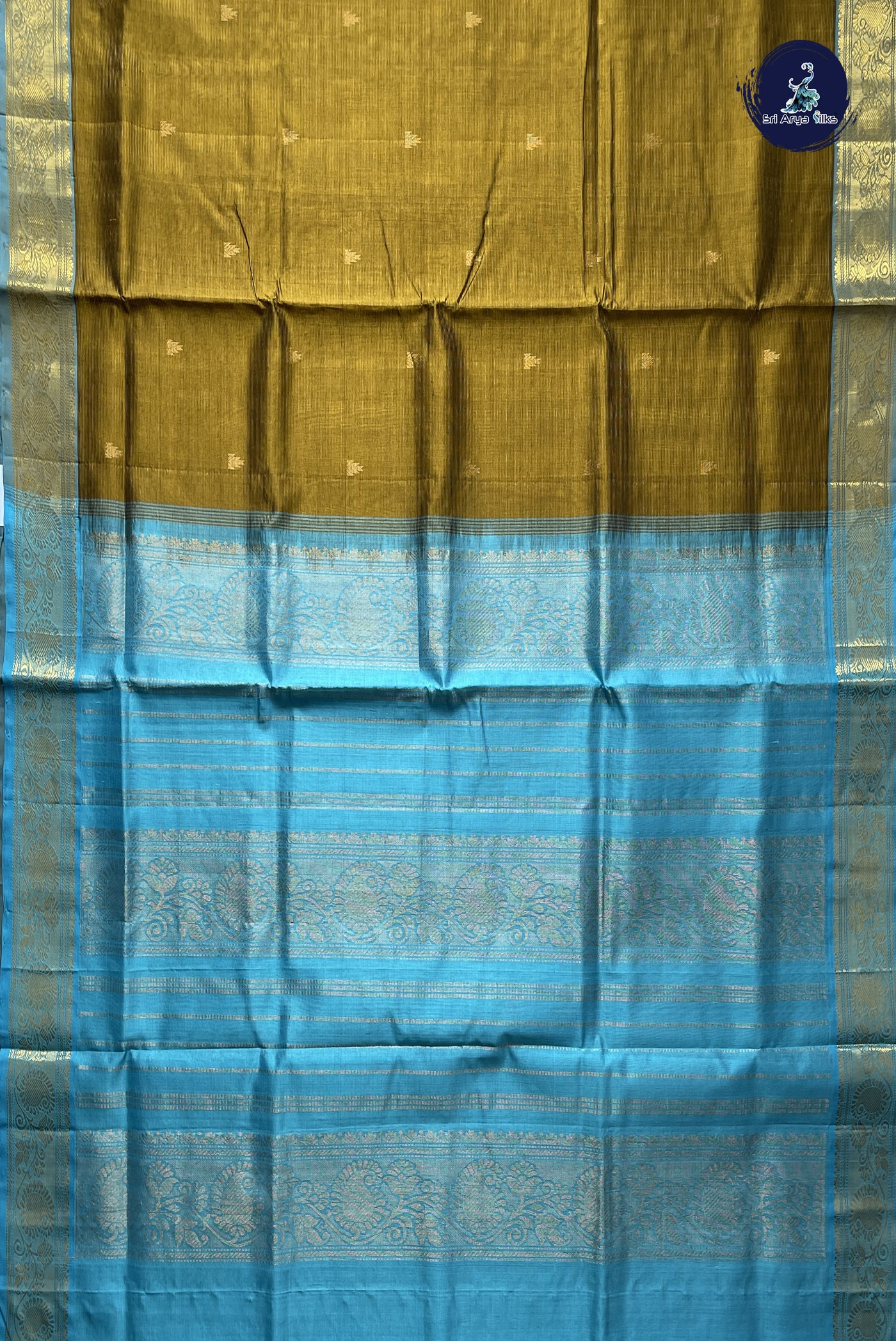 Wasabi Green Vaira Oosi Silk Cotton Saree With Vaira Oosi Pattern