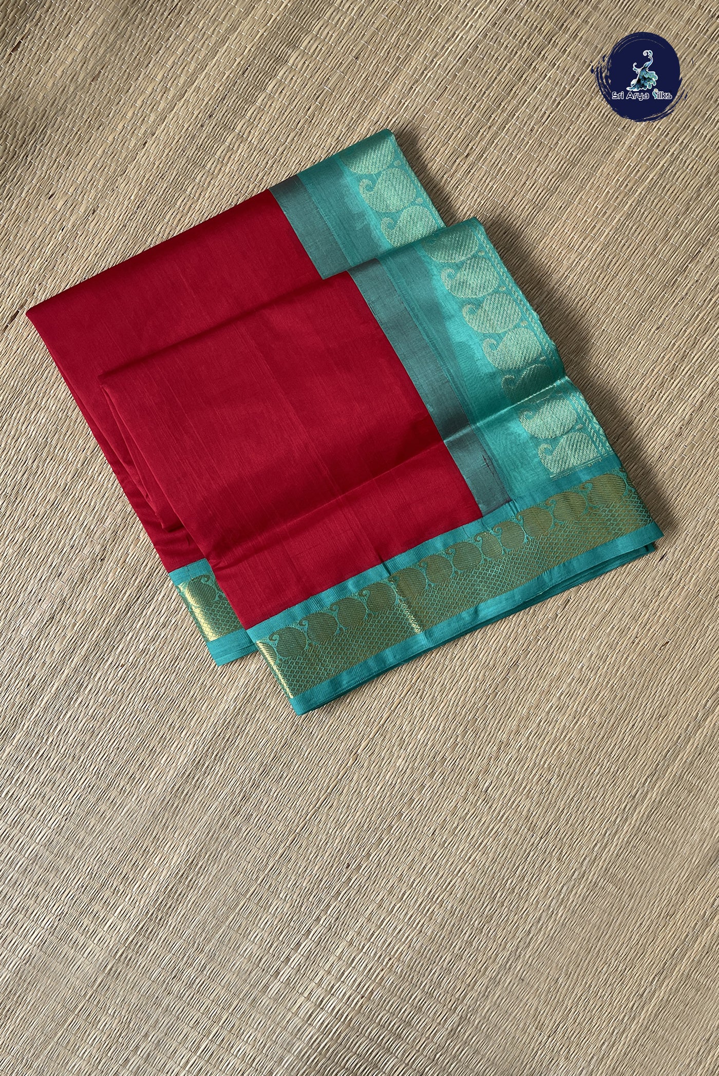 Red Korvai Silk Cotton Saree With Plain Pattern