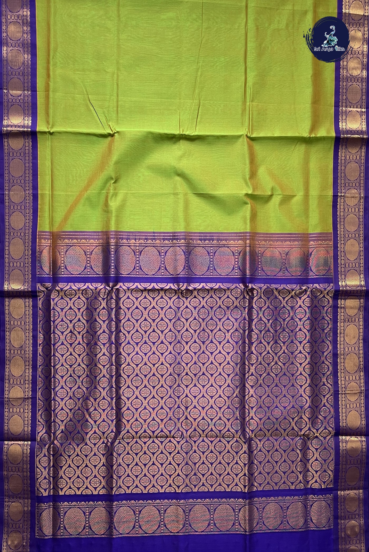 Light Green Korvai Silk Cotton Saree With Plain Pattern