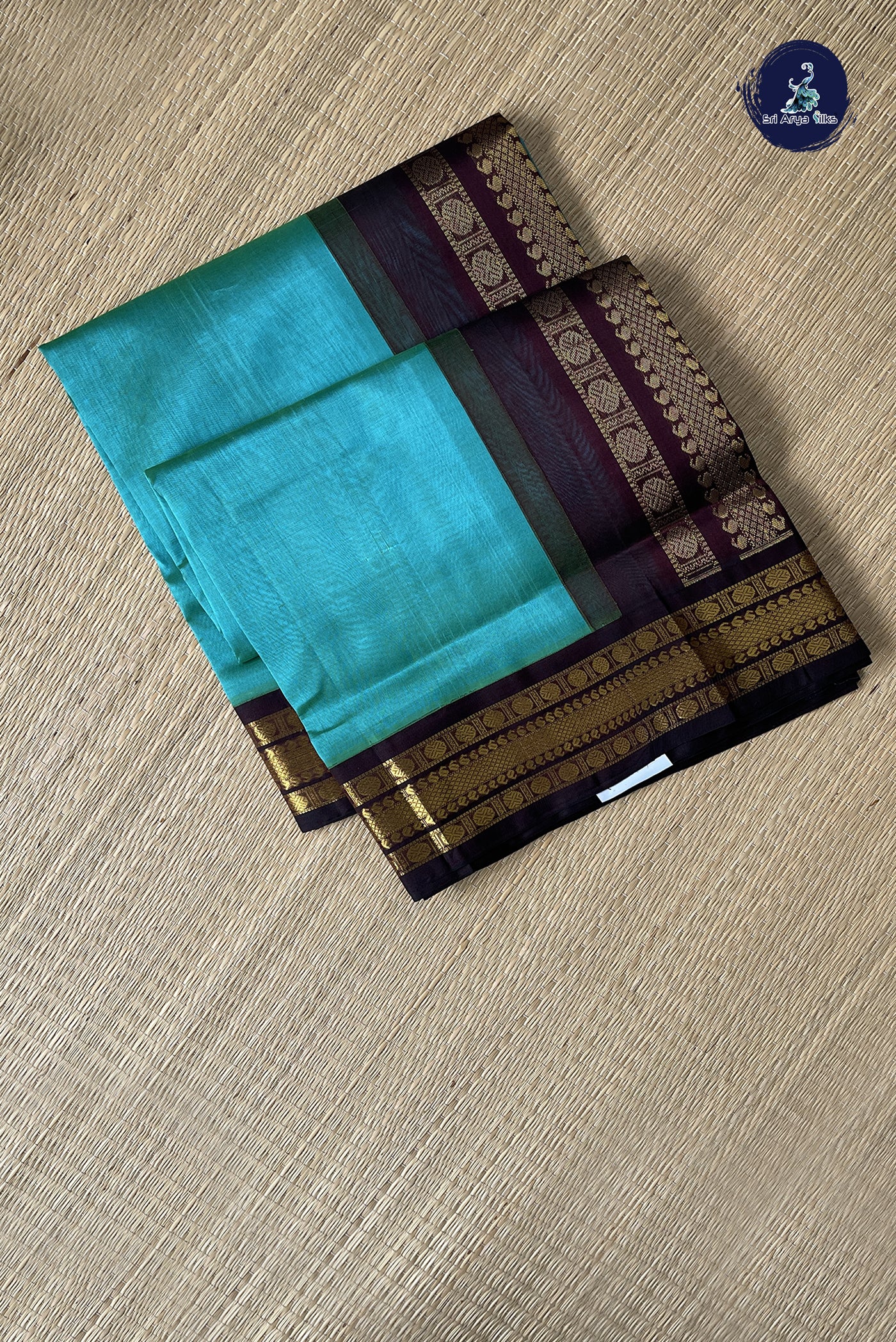 Turquoise Korvai Silk Cotton Saree With Plain Pattern