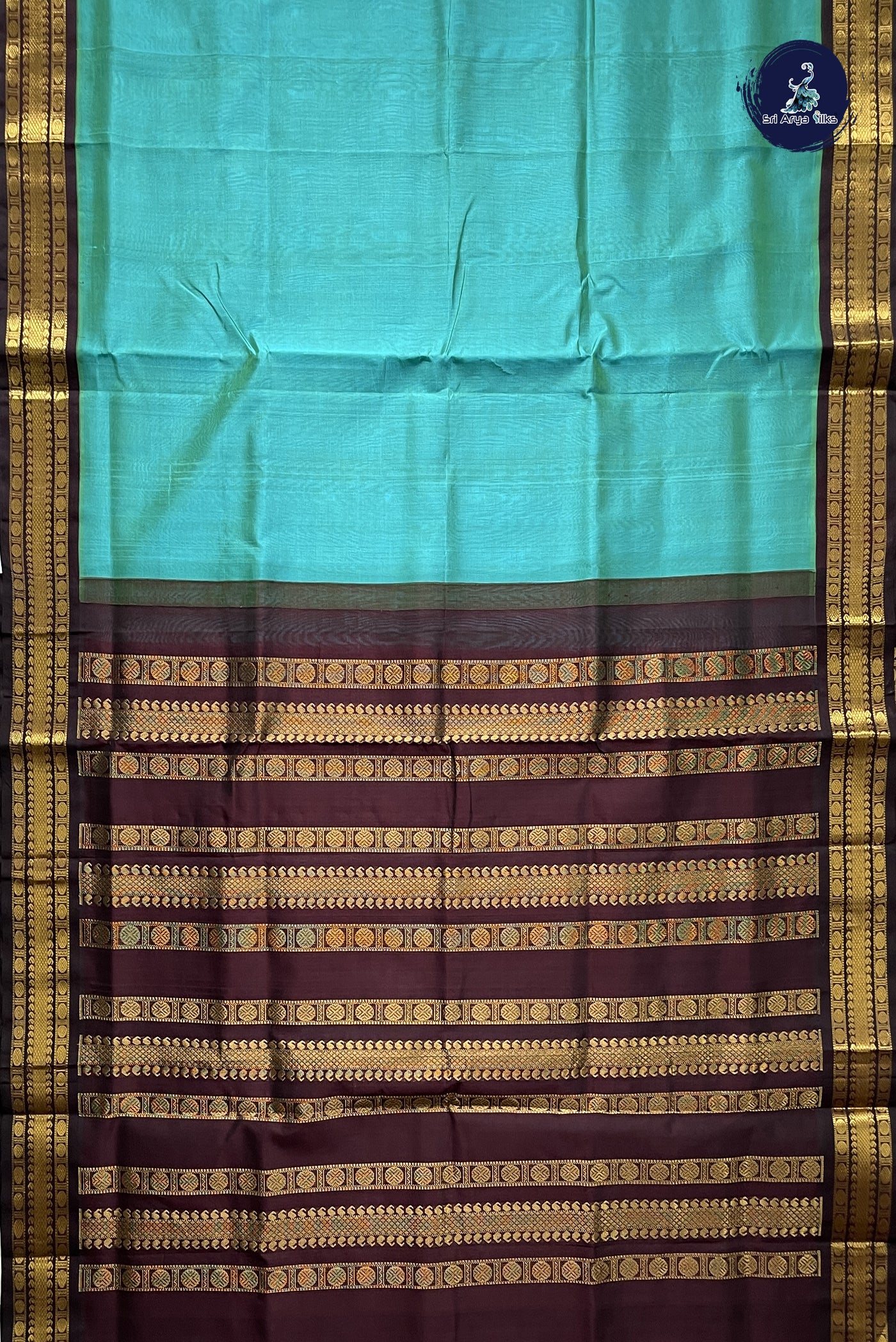 Turquoise Korvai Silk Cotton Saree With Plain Pattern