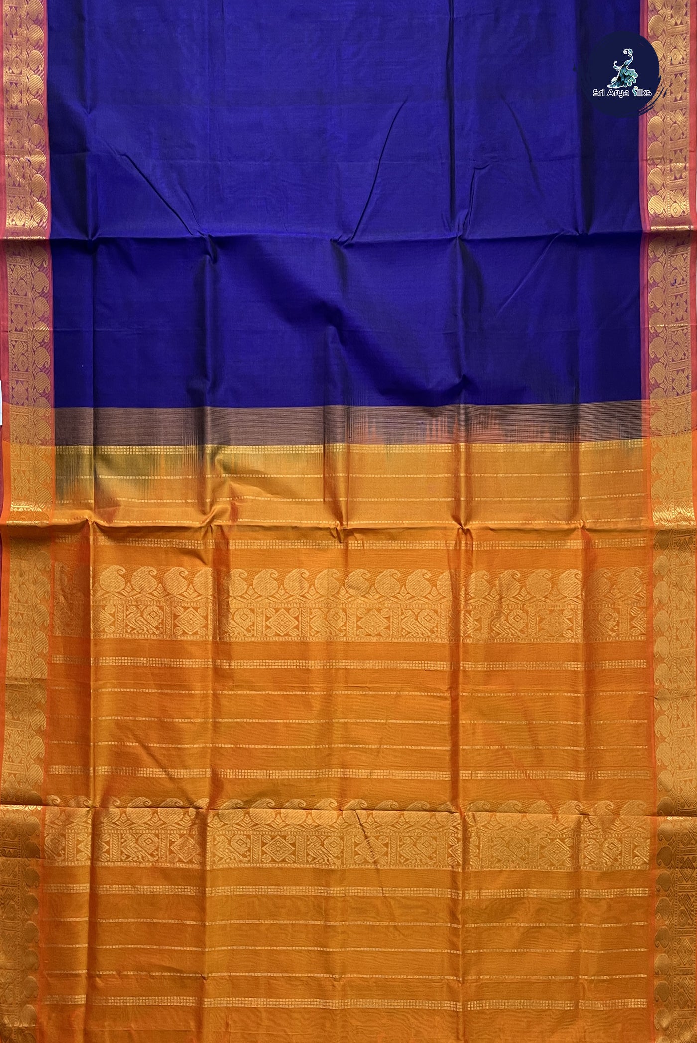 Dark Blue Simple Silk Cotton Saree With Plain Pattern