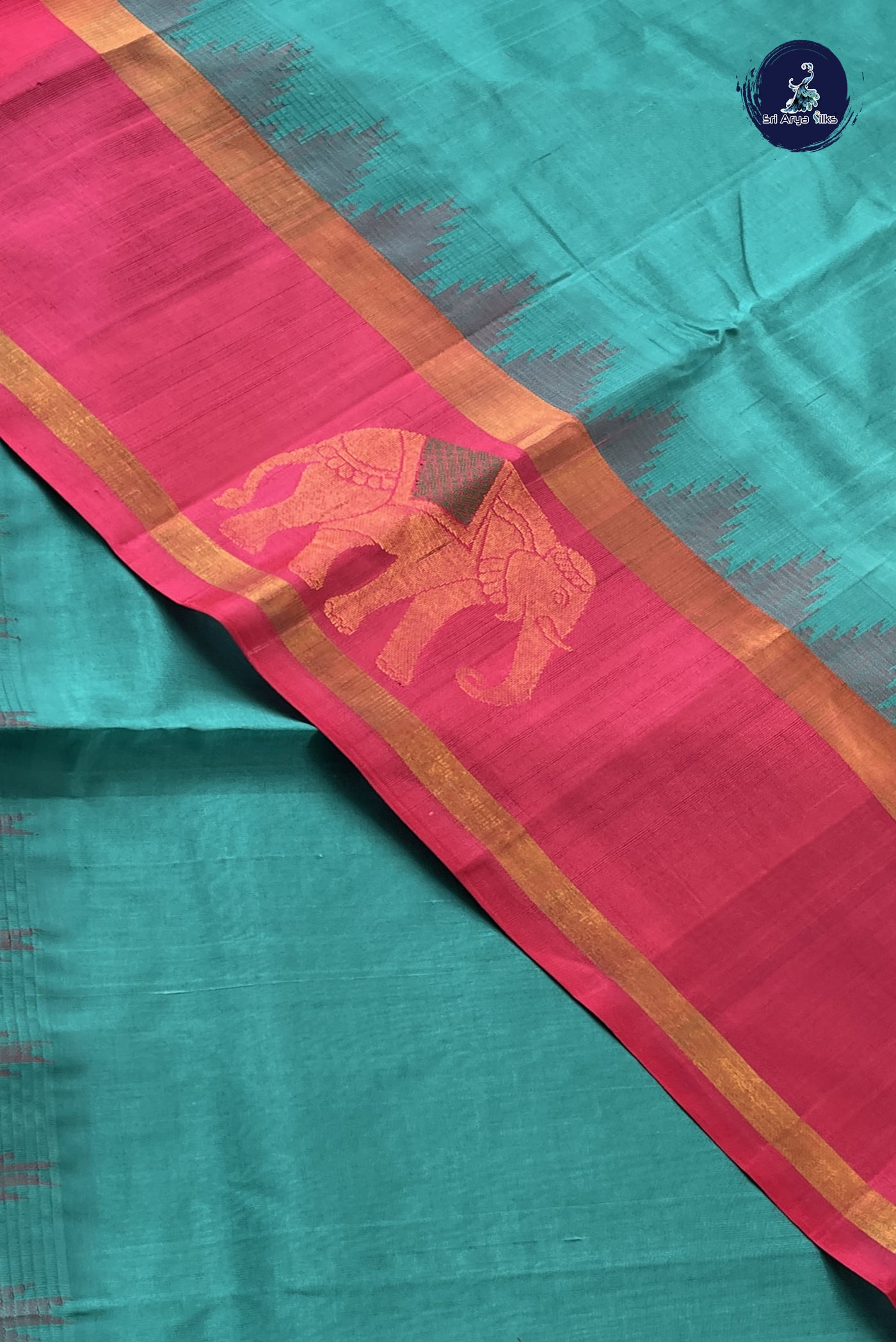 Turquoise Korvai Silk Cotton Saree With Plain Pattern