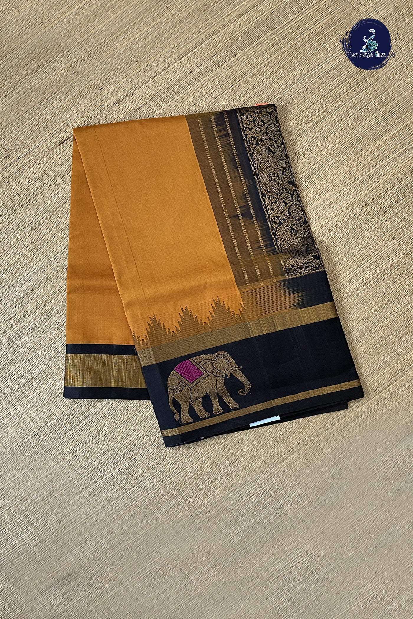 Mustard Yellow Korvai Silk Cotton Saree With Plain Pattern