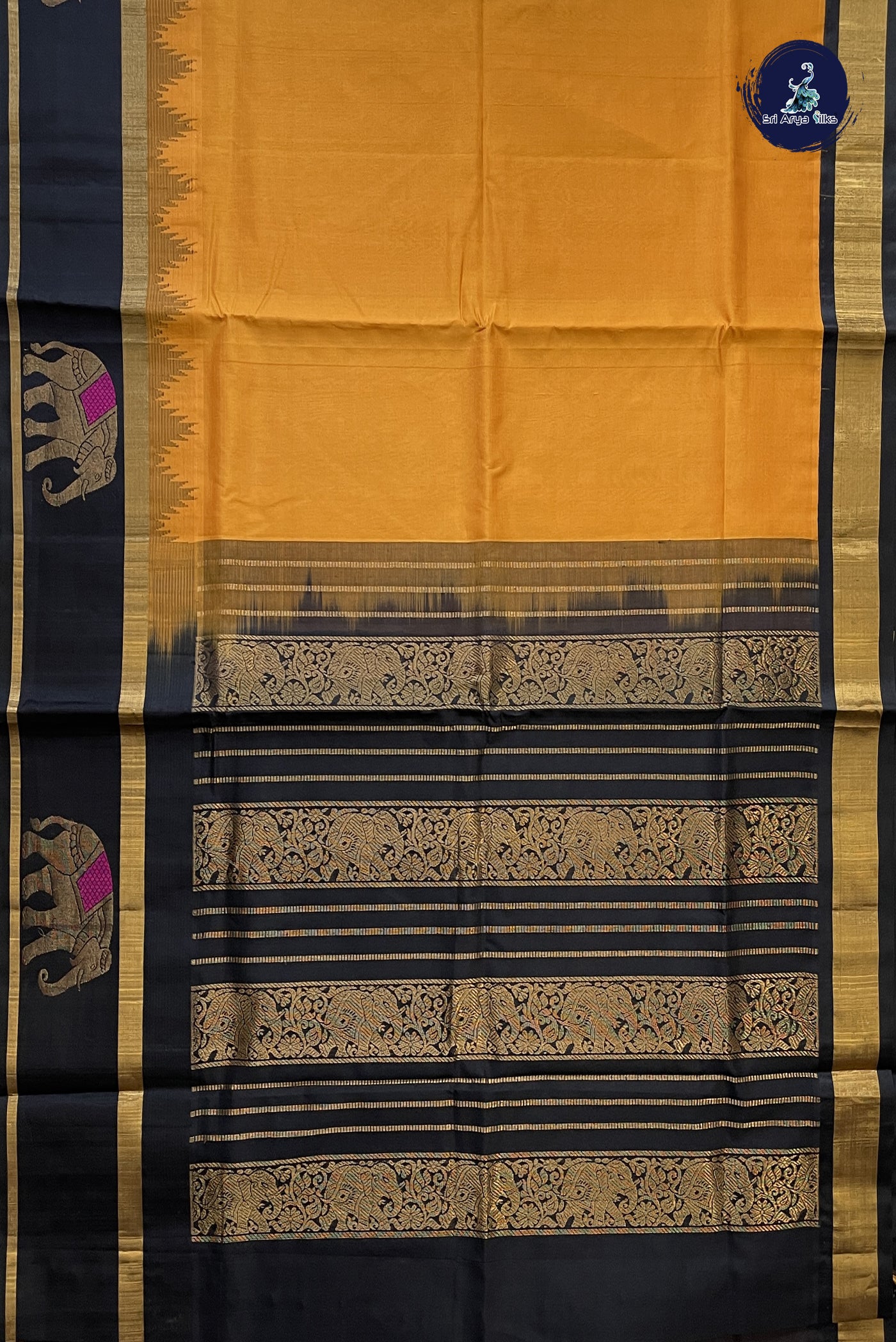 Mustard Yellow Korvai Silk Cotton Saree With Plain Pattern