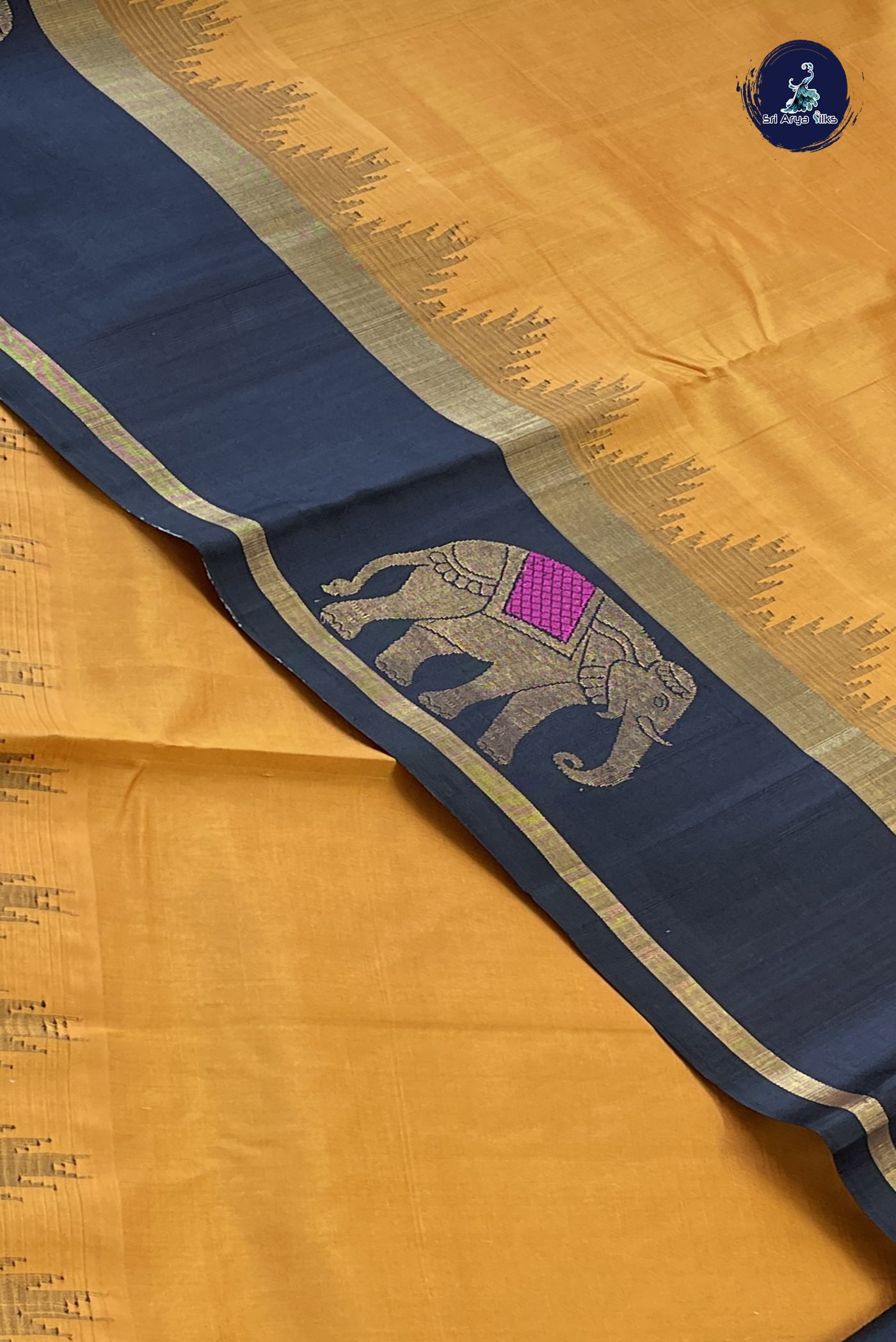 Mustard Yellow Korvai Silk Cotton Saree With Plain Pattern