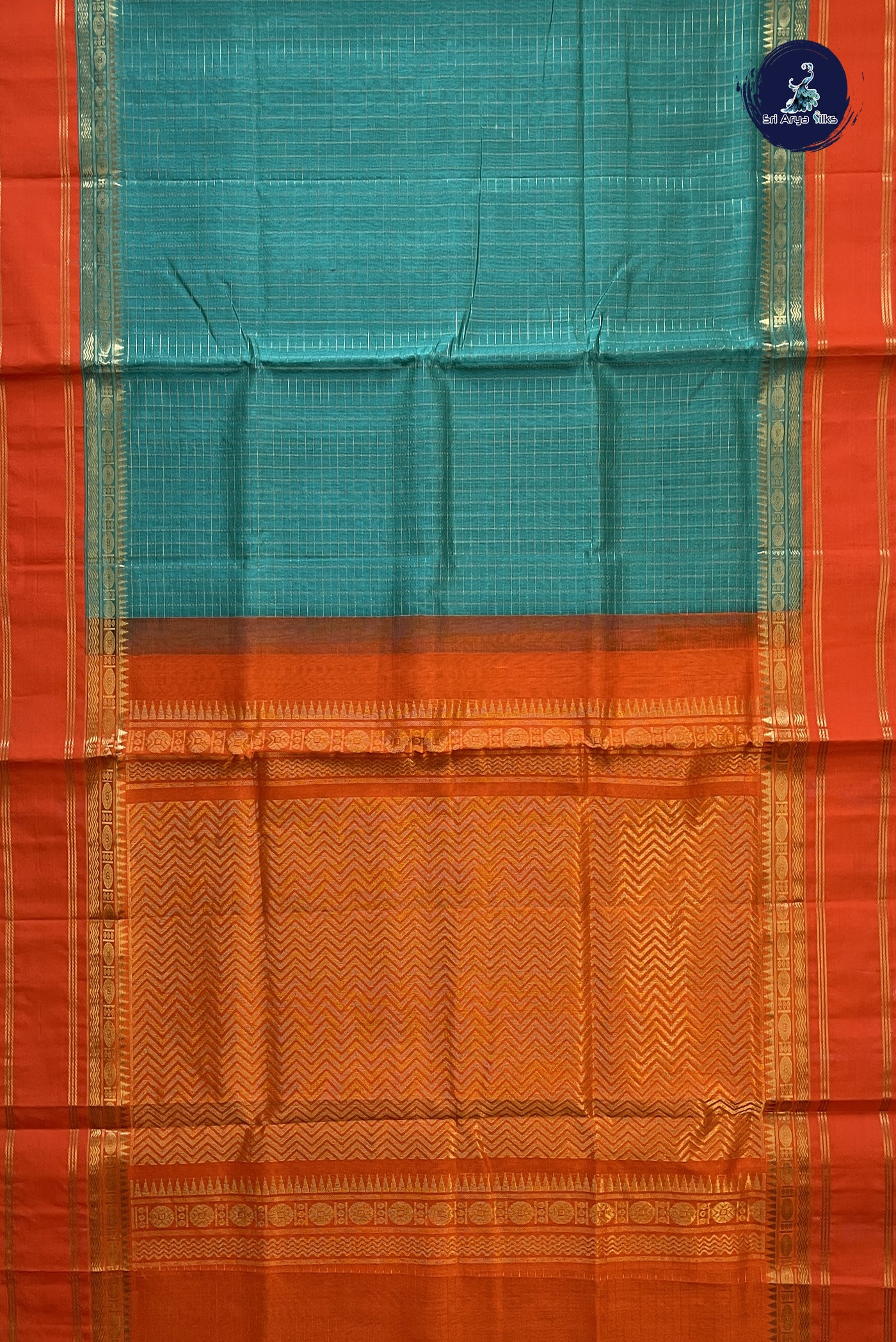 Turquoise Korvai Silk Cotton Saree With Zari Checked Pattern