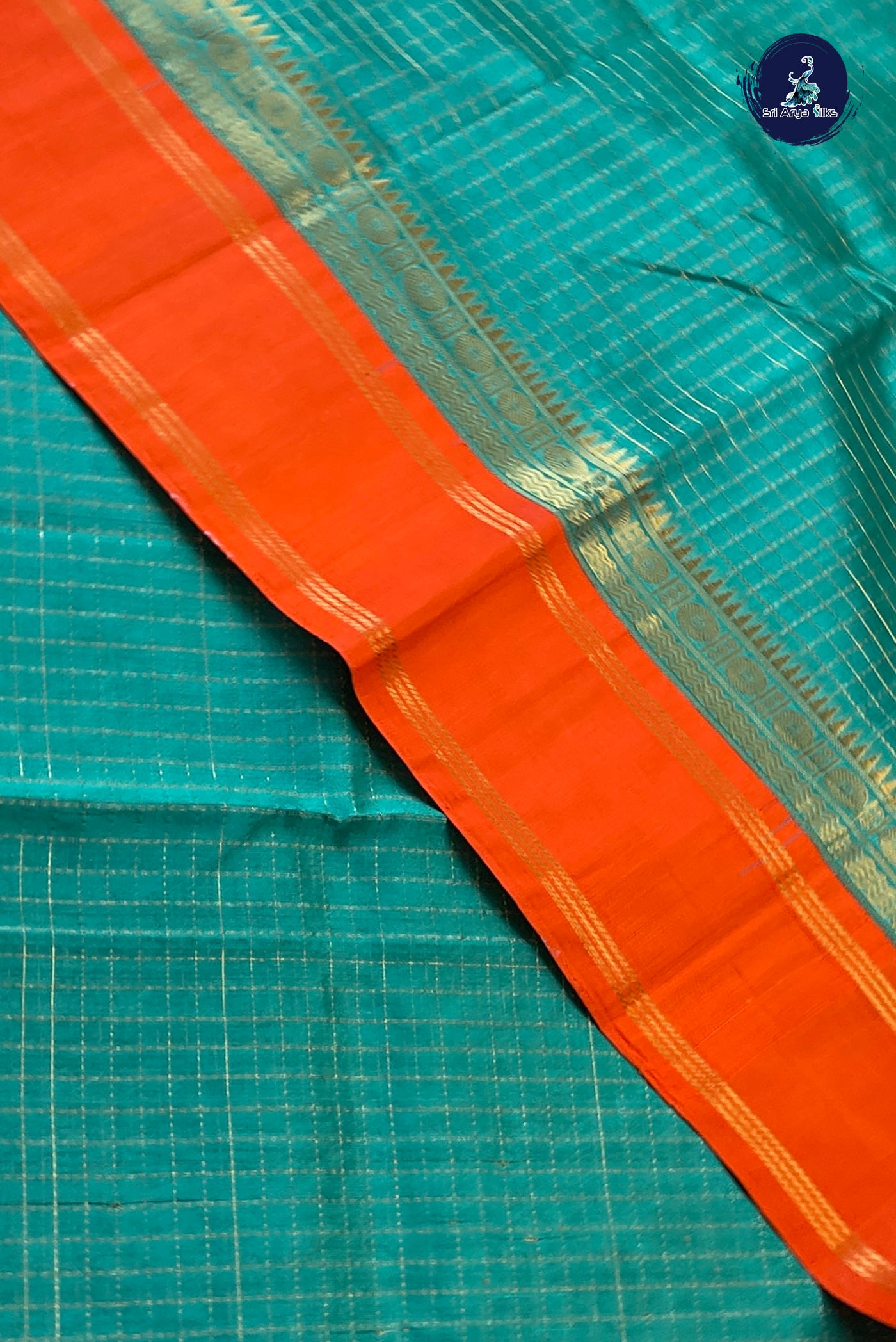 Turquoise Korvai Silk Cotton Saree With Zari Checked Pattern