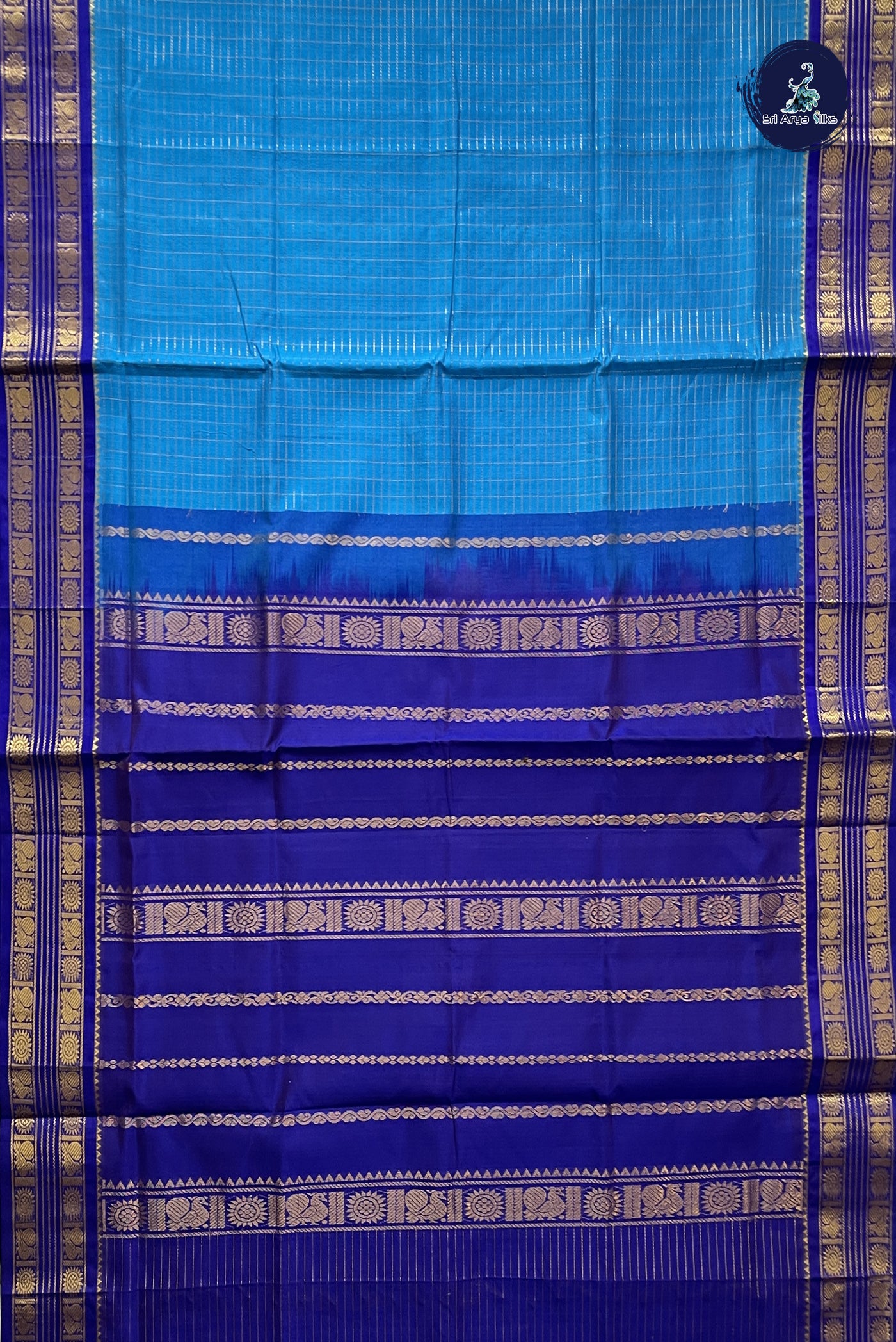 Sky Blue Korvai Silk Cotton Saree With Zari Checked Pattern