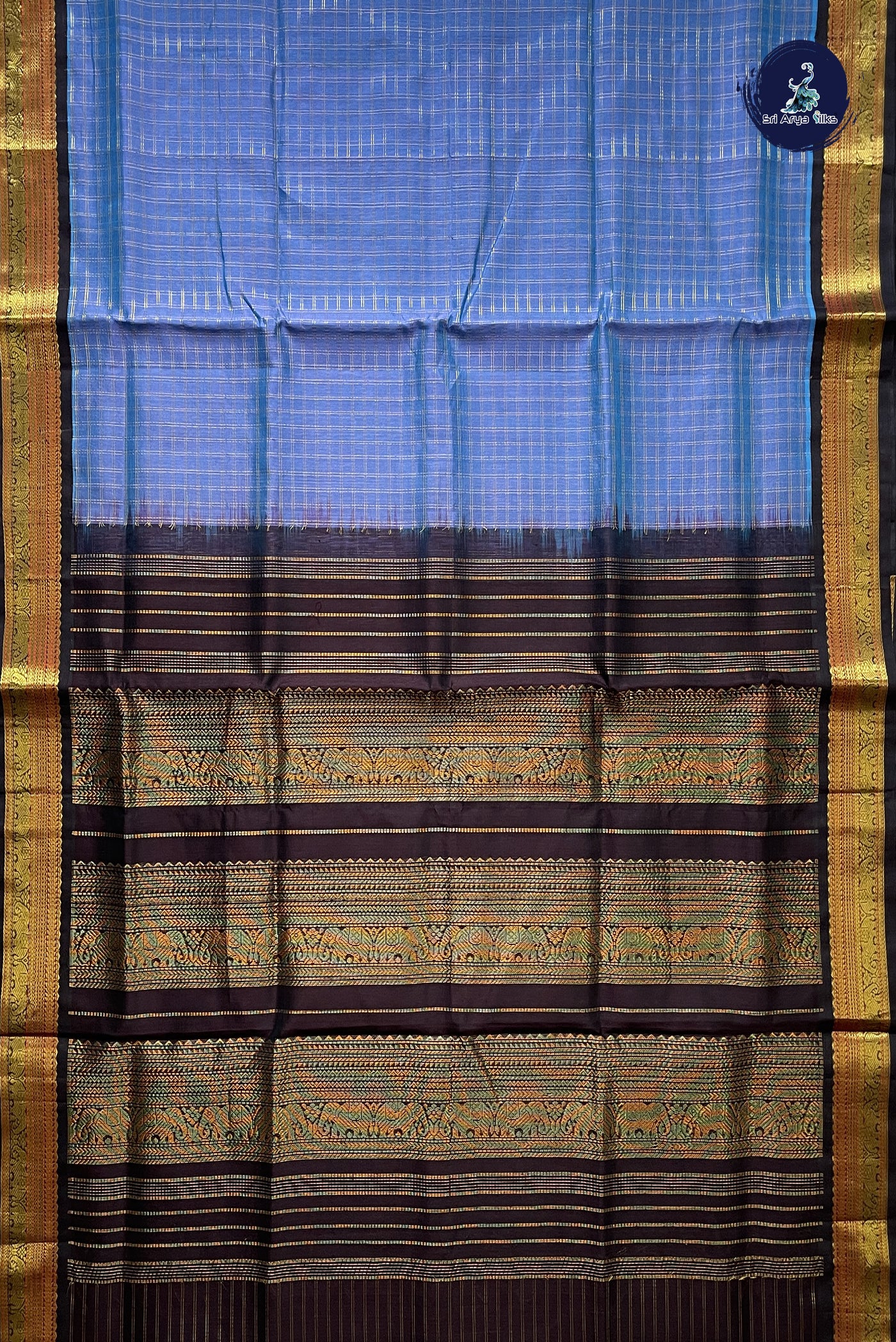 Greyish Lavender Korvai Silk Cotton Saree With Zari Checked Pattern