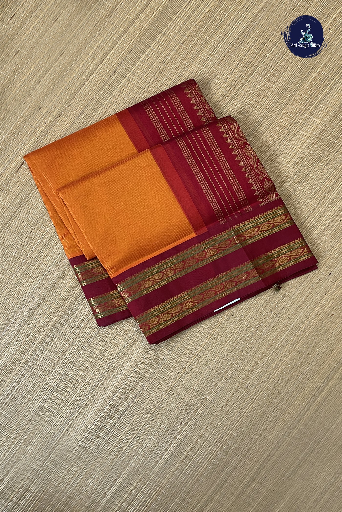 Orange Vaira Oosi Silk Cotton Saree With Vaira Oosi Pattern