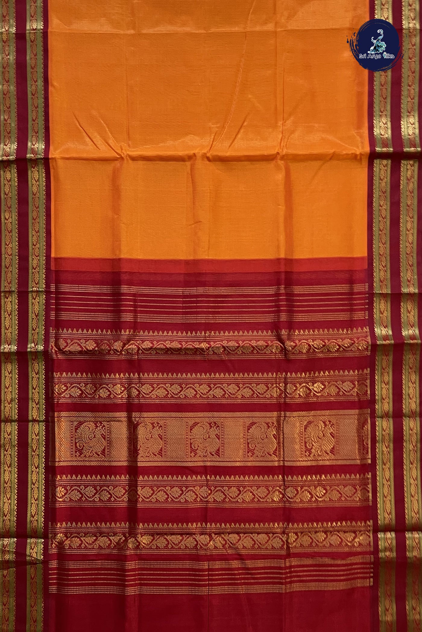 Orange Vaira Oosi Silk Cotton Saree With Vaira Oosi Pattern