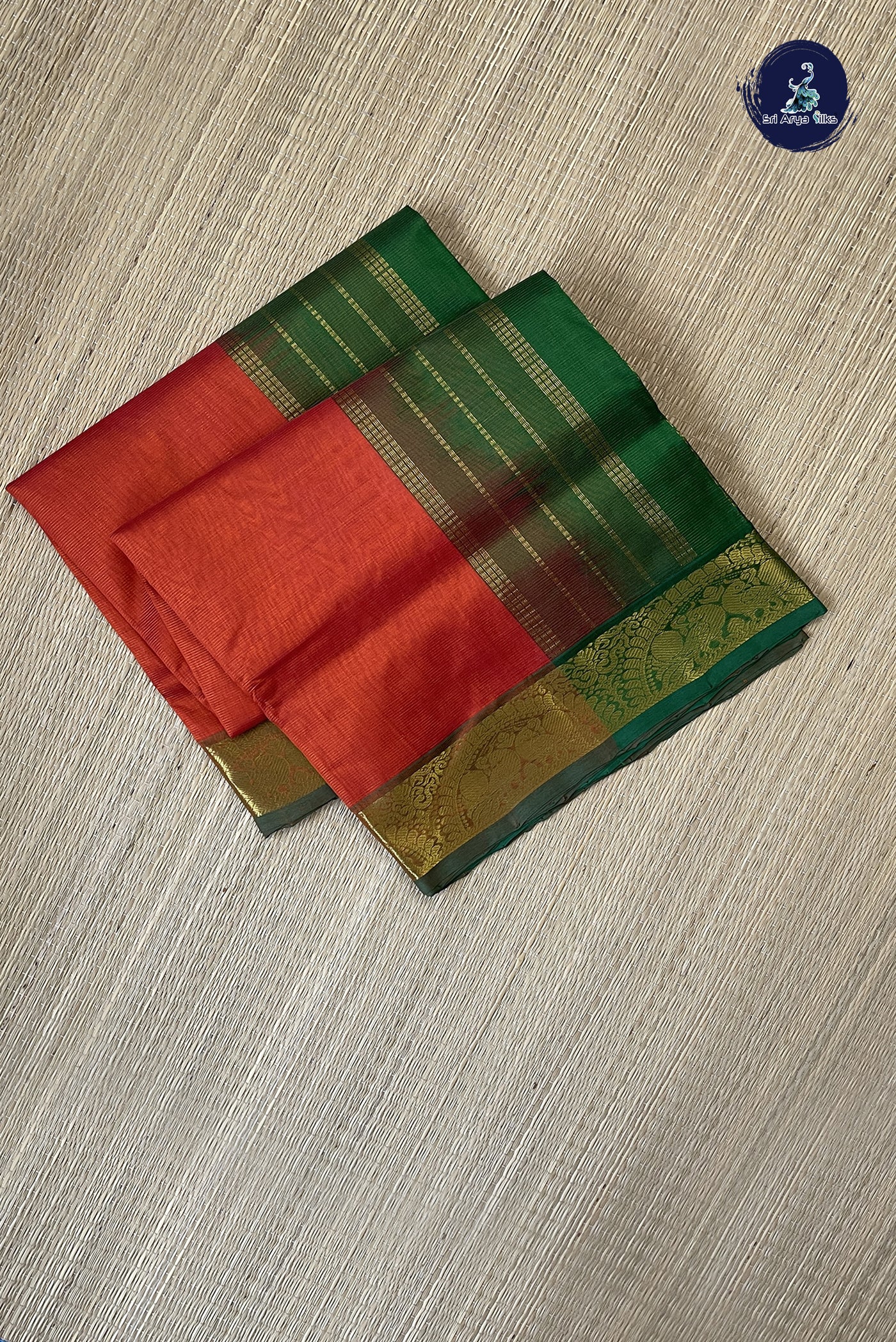 Orange Vaira Oosi Silk Cotton Saree With Vaira Oosi Pattern