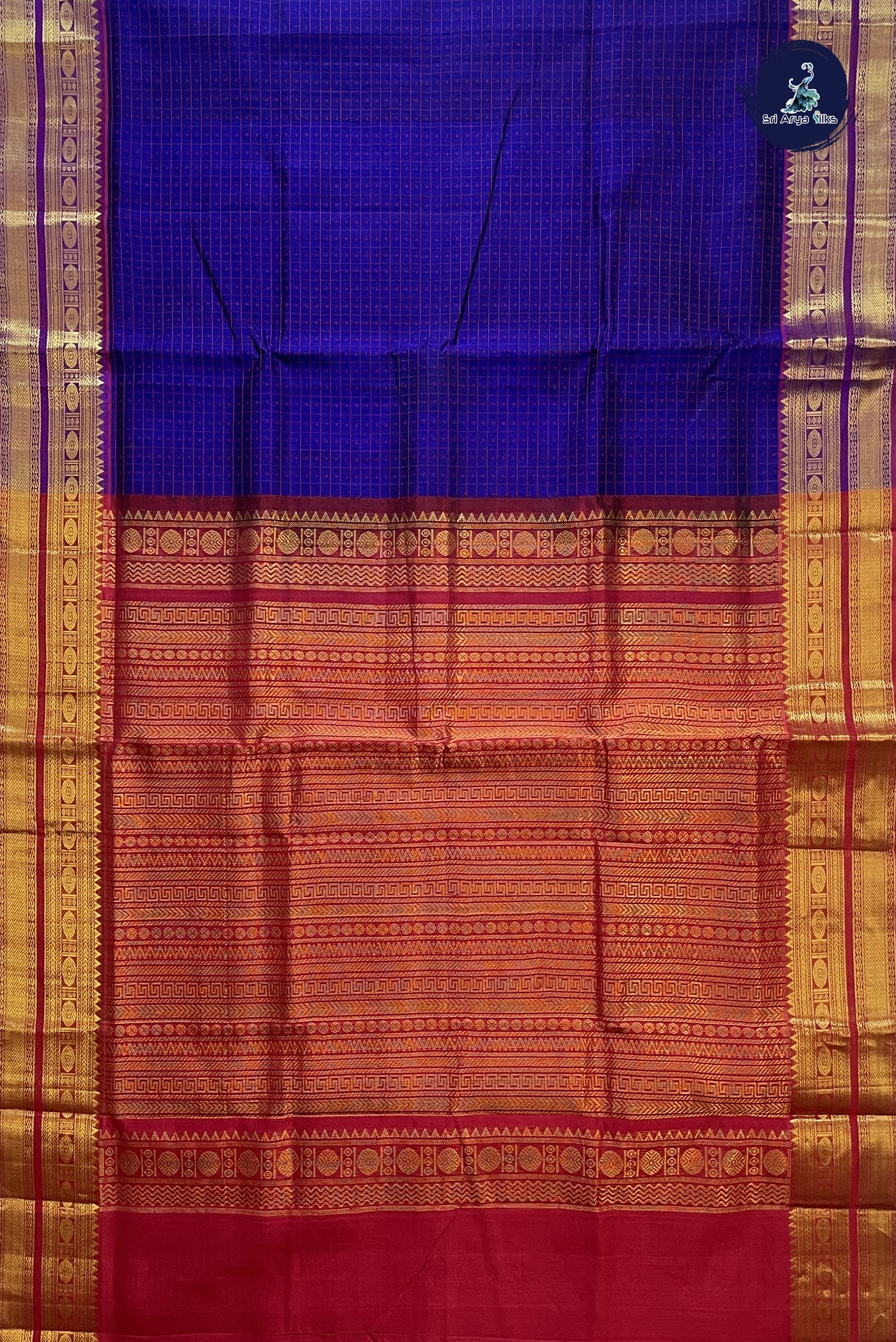 Royal Blue Checked Saree With Laksha Deepam Design Pattern