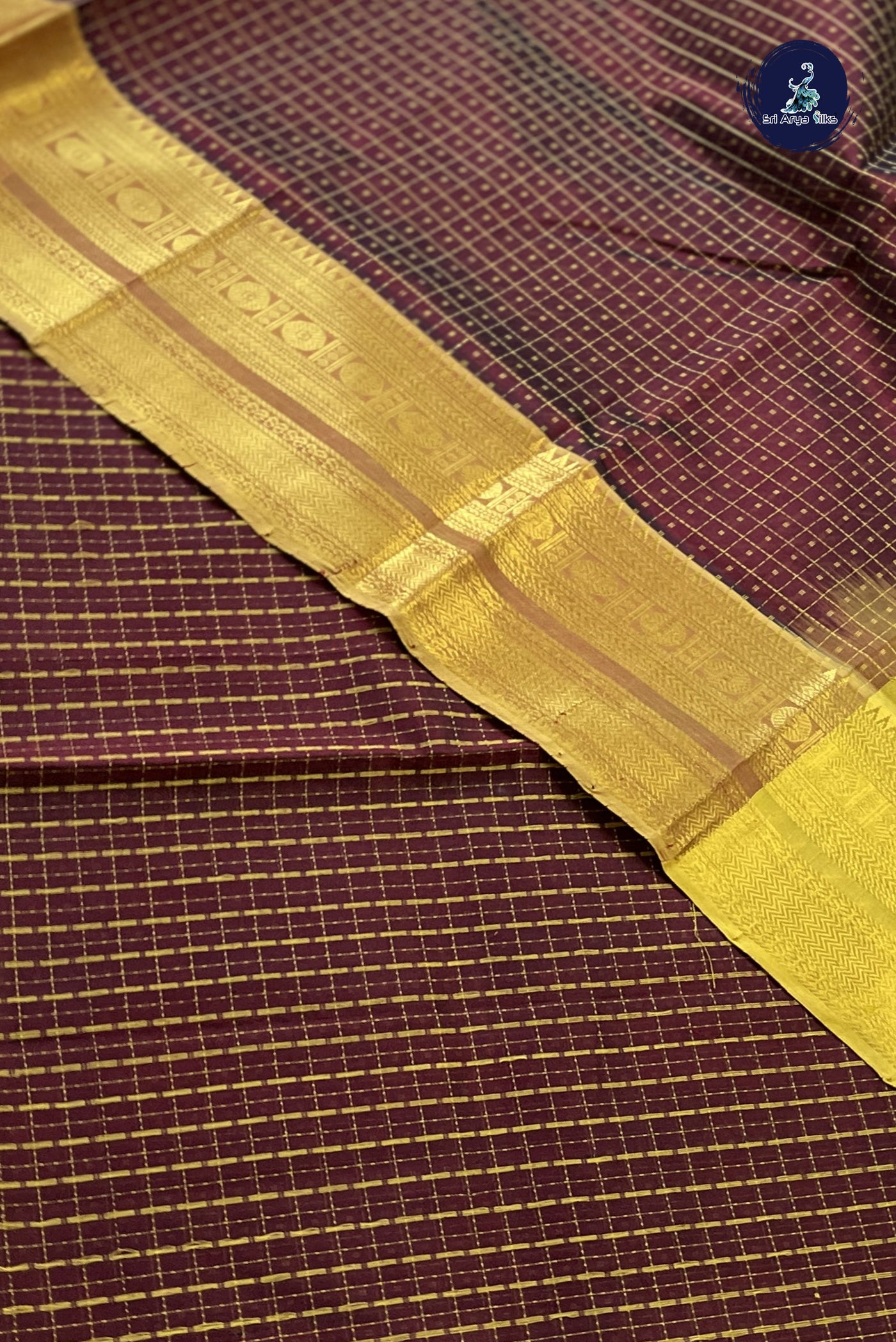 Brown Checked Saree With Laksha Deepam Design Pattern