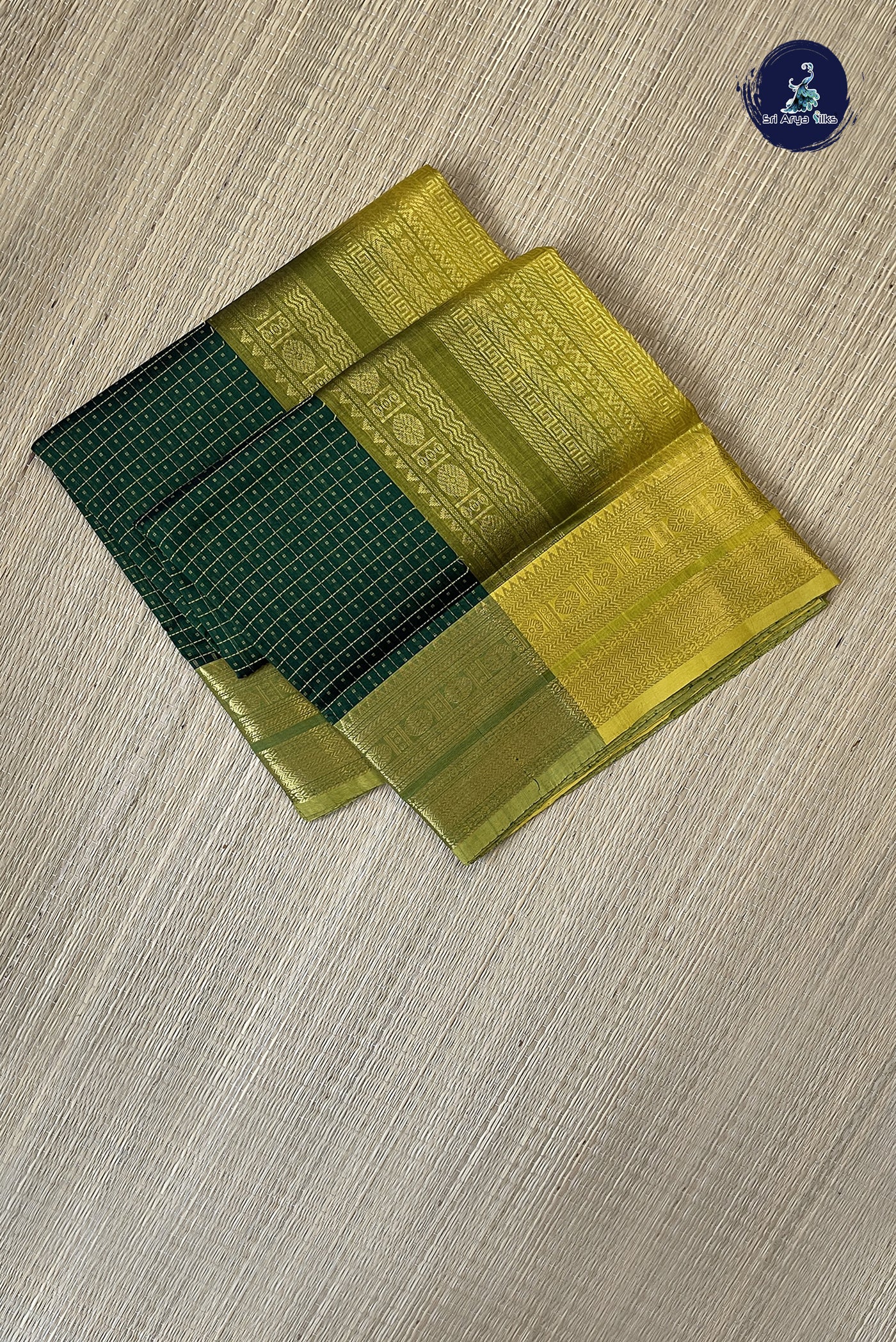 Dark Green Checked Saree With Laksha Deepam Design Pattern