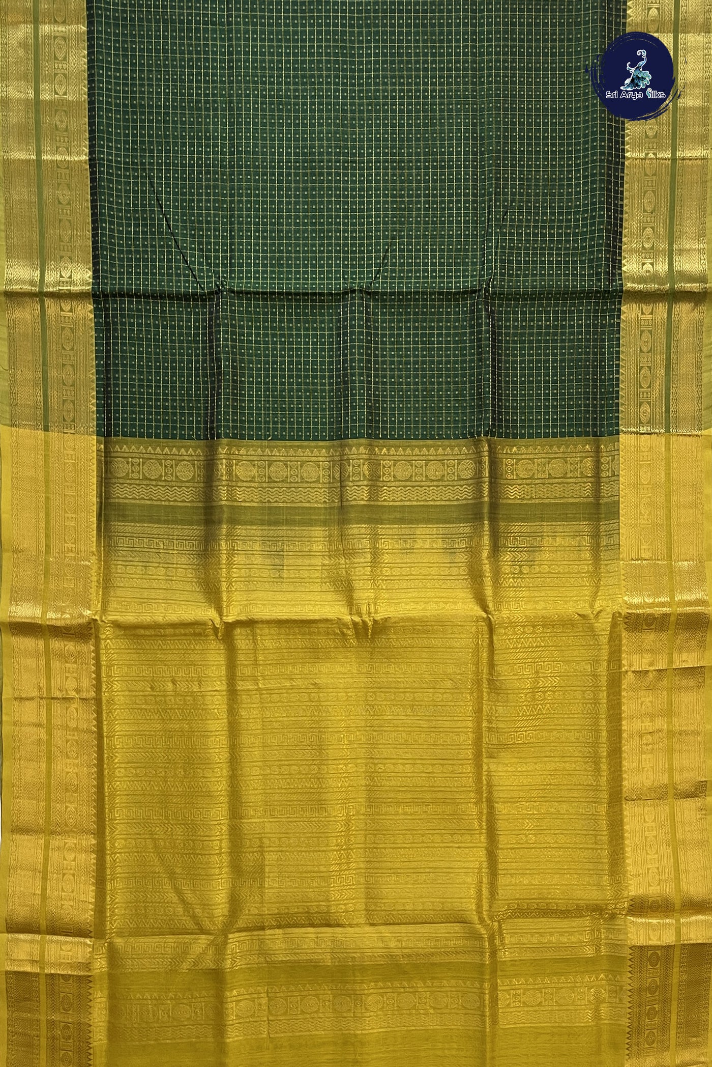 Dark Green Checked Saree With Laksha Deepam Design Pattern