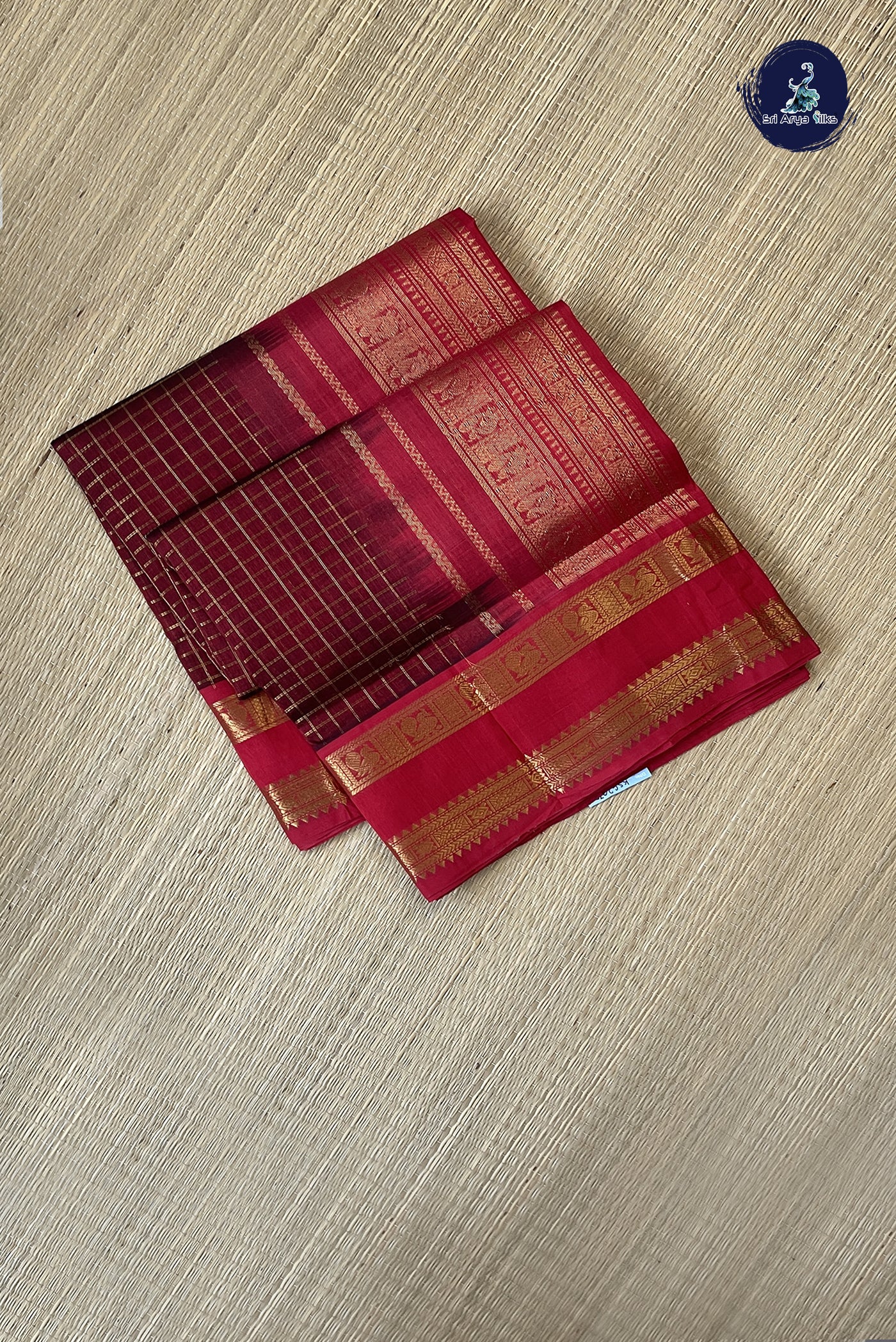 Dual Tone Wine Bridal Silk Cotton Saree With Zari Checked Pattern