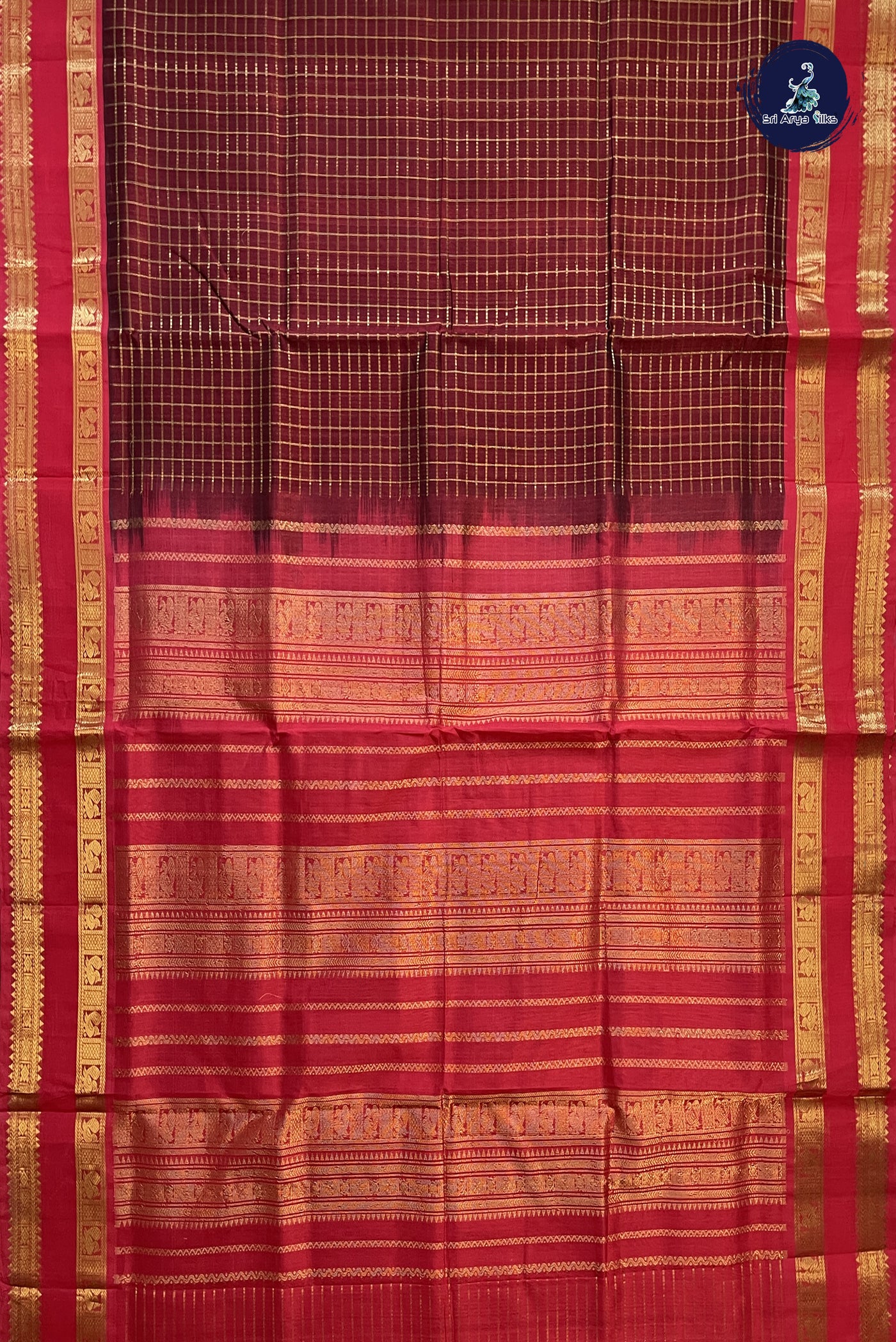 Dual Tone Wine Bridal Silk Cotton Saree With Zari Checked Pattern