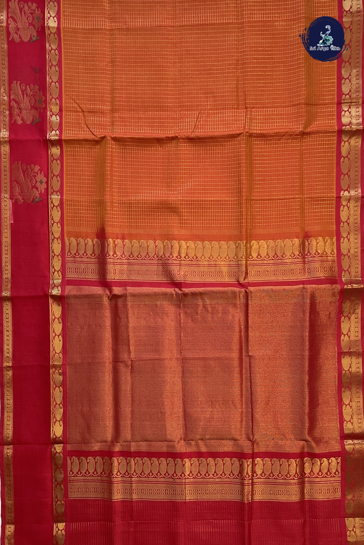 Orange Bridal Silk Cotton Saree With Zari Checked Pattern