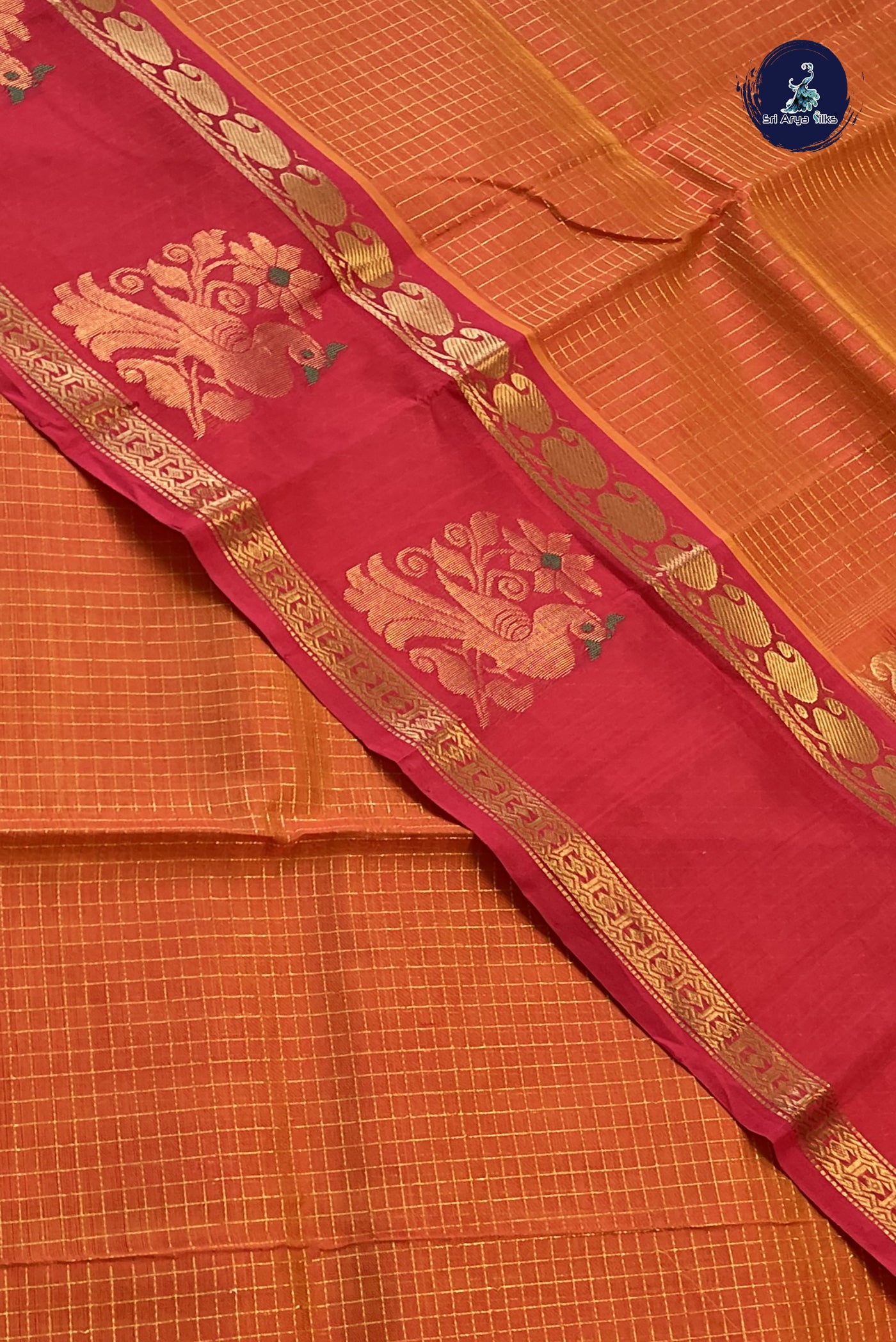 Orange Bridal Silk Cotton Saree With Zari Checked Pattern