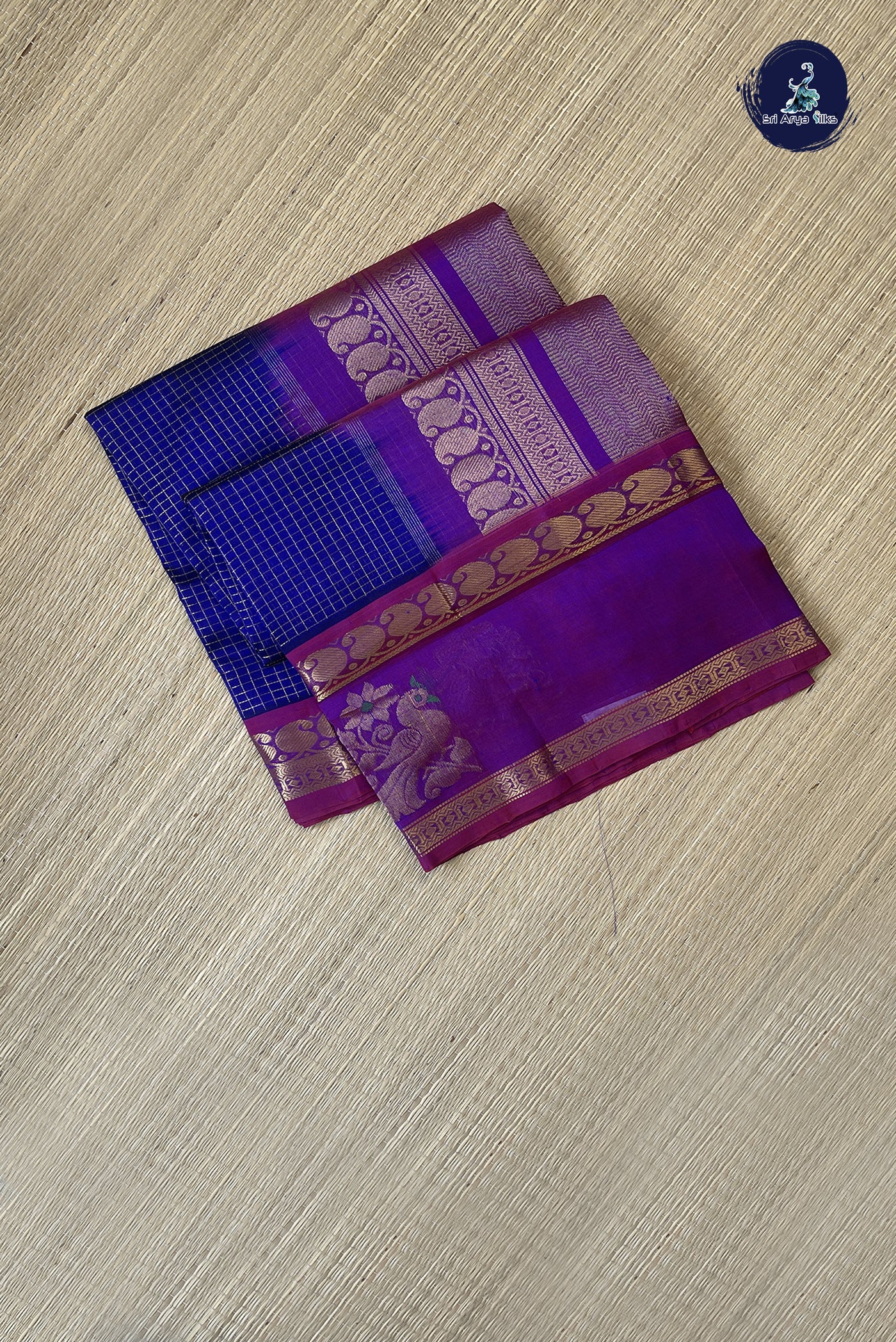 Dual Tone Violet Bridal Silk Cotton Saree With Zari Checked Pattern