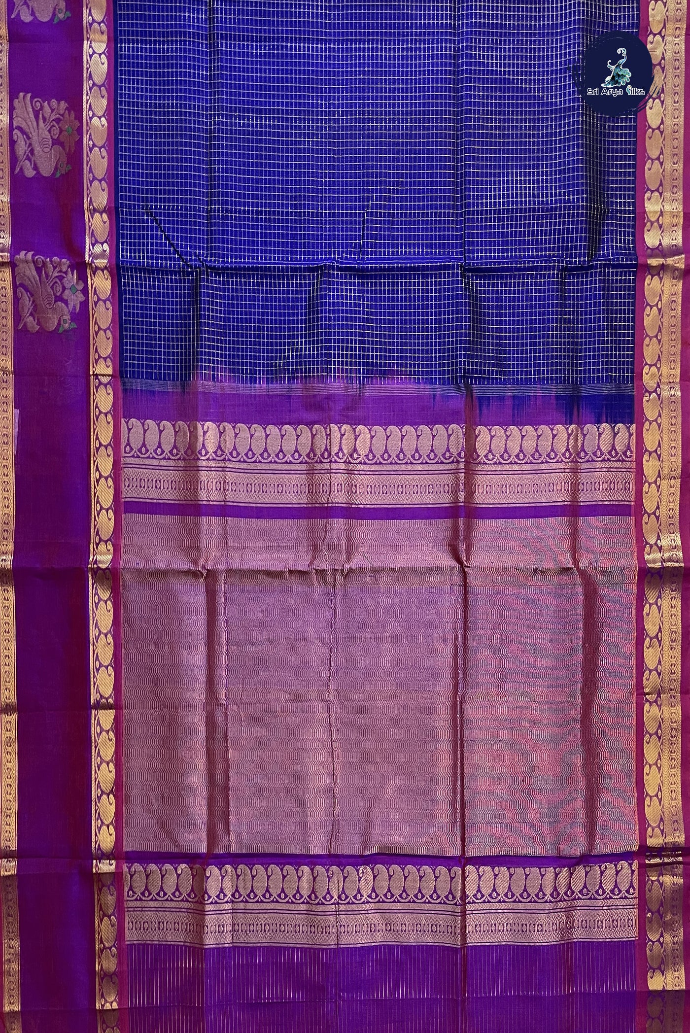 Dual Tone Violet Bridal Silk Cotton Saree With Zari Checked Pattern