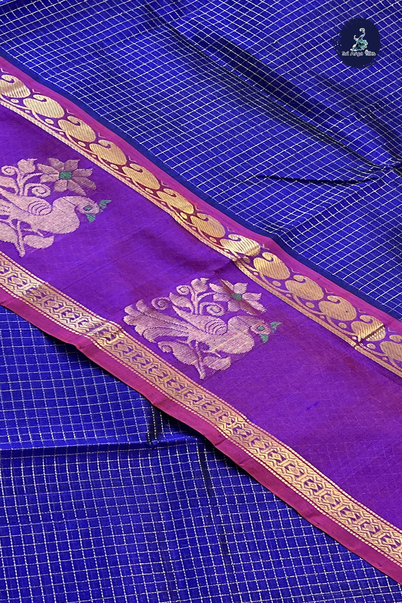 Dual Tone Violet Bridal Silk Cotton Saree With Zari Checked Pattern