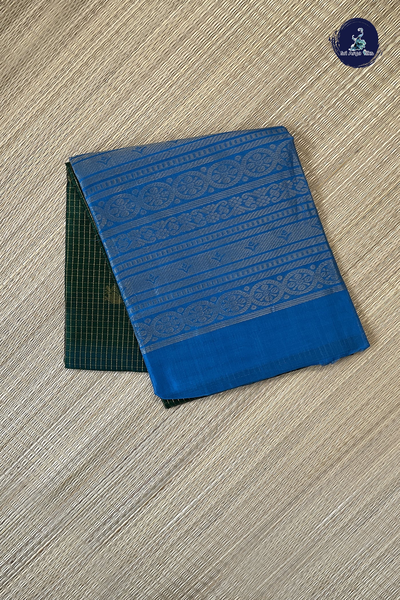 Bottle Green Bridal Silk Cotton Saree With Zari Checked Pattern