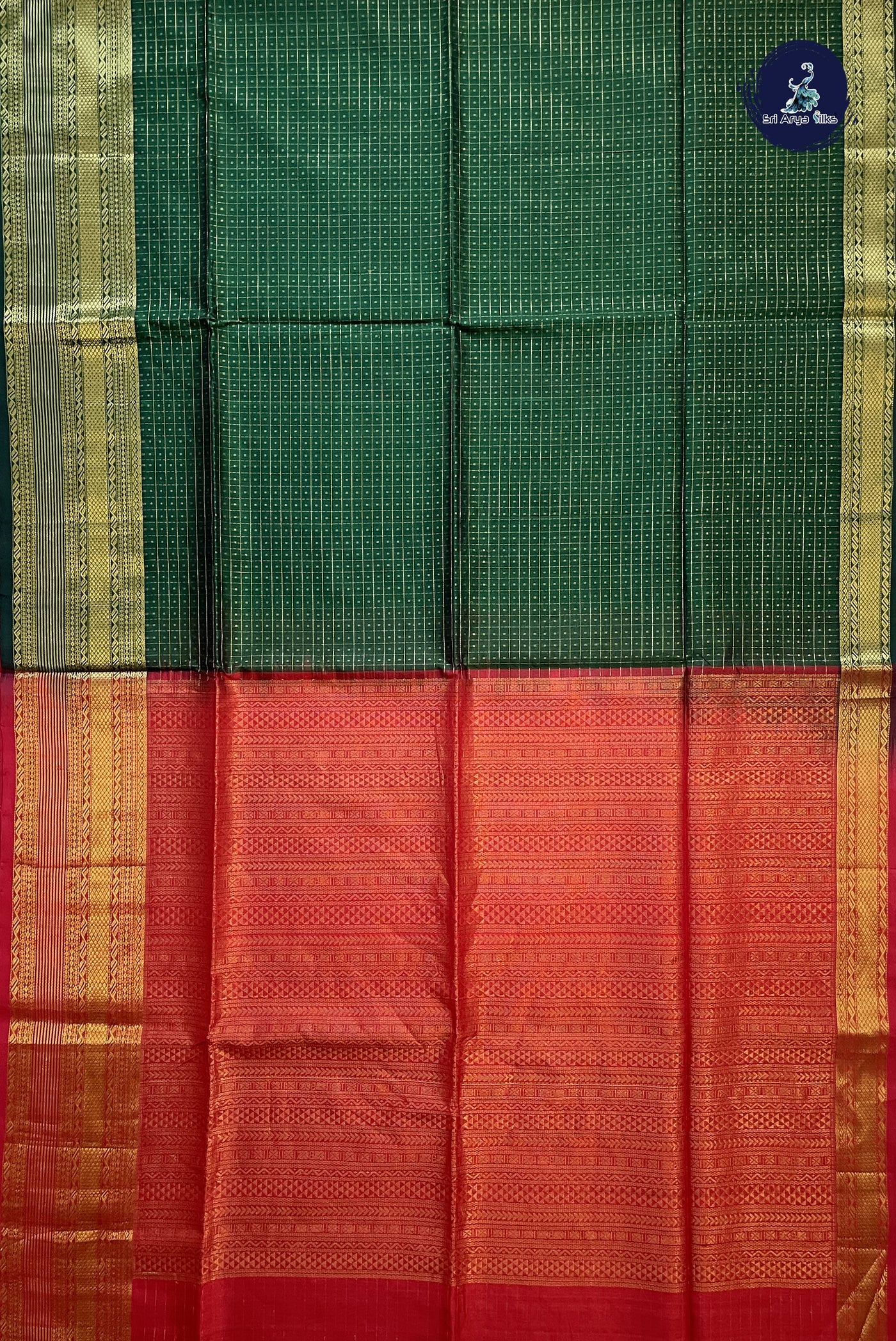 Dark Green Bridal Silk Cotton Saree With Zari Checked Pattern